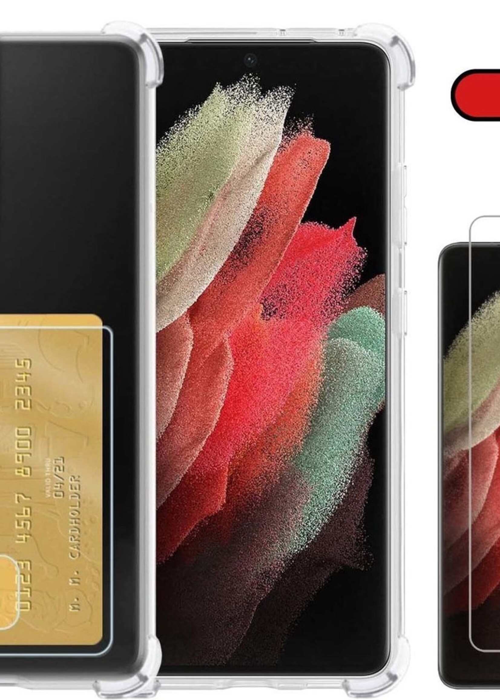 BTH Hoesje Geschikt voor Samsung S21 Ultra Hoesje Met Pasjeshouder Siliconen Case Met Kaarthouder Met Screenprotector - Hoes Geschikt voor Samsung Galaxy S21 Ultra Hoesje Shock Proof Case - Transparant