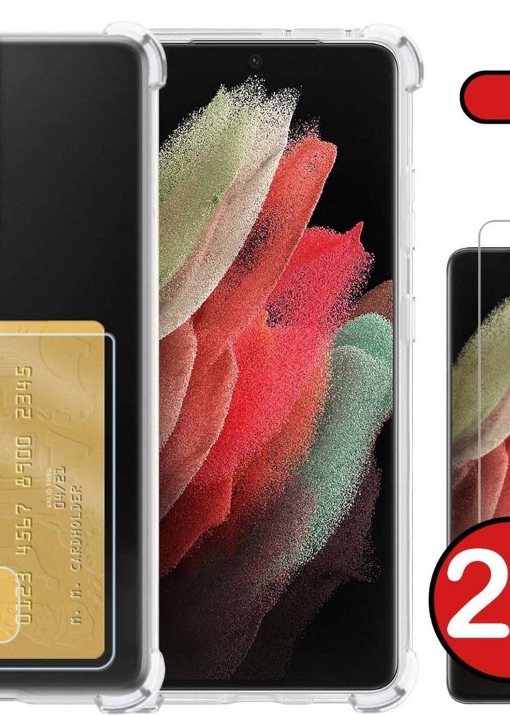 BTH Hoesje Geschikt voor Samsung S21 Ultra Hoesje Met Pasjeshouder Siliconen Case Met Kaarthouder Met 2x Screenprotector - Hoes Geschikt voor Samsung Galaxy S21 Ultra Hoesje Shock Proof Case - Transparant
