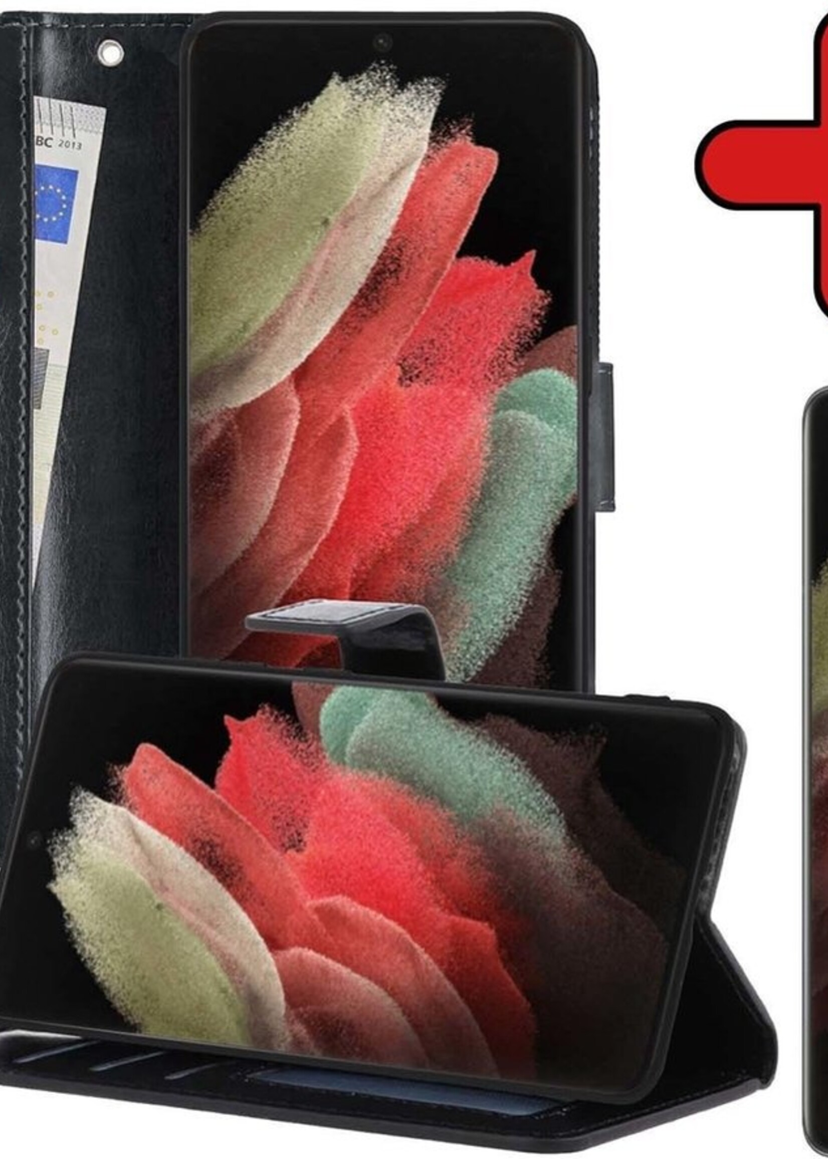 BTH Hoesje Geschikt voor Samsung S21 Ultra Hoesje Book Case Hoes Portemonnee Cover Walletcase Met Screenprotector - Hoes Geschikt voor Samsung Galaxy S21 Ultra Hoes Bookcase Hoesje - Zwart