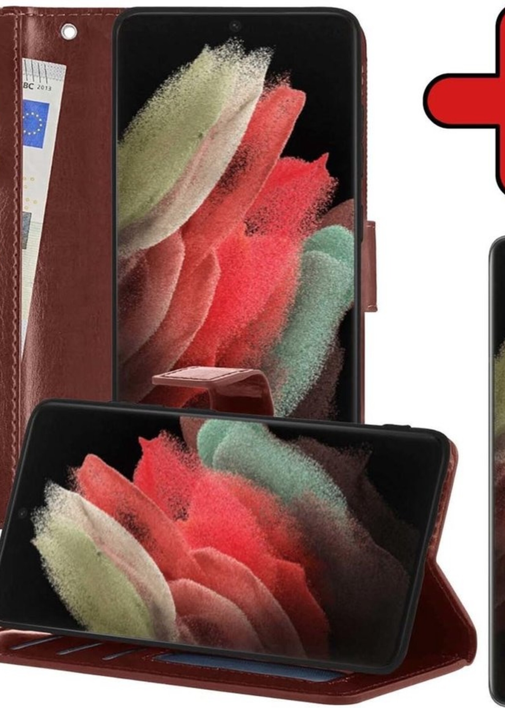 BTH Hoesje Geschikt voor Samsung S21 Ultra Hoesje Book Case Hoes Portemonnee Cover Walletcase Met Screenprotector - Hoes Geschikt voor Samsung Galaxy S21 Ultra Hoes Bookcase Hoesje - Bruin