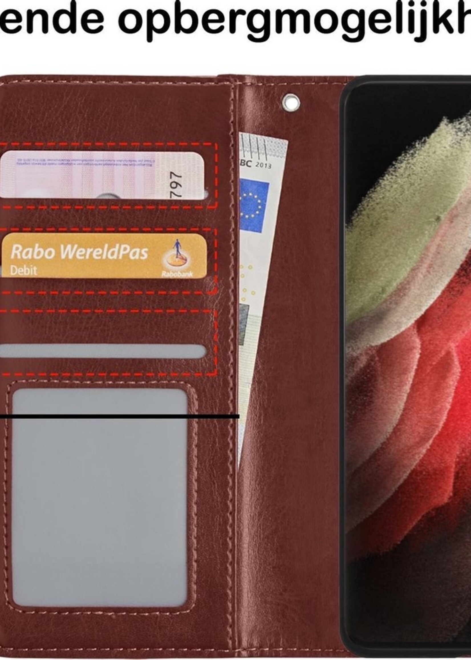 BTH Hoesje Geschikt voor Samsung S21 Ultra Hoesje Book Case Hoes Portemonnee Cover Walletcase Met Screenprotector - Hoes Geschikt voor Samsung Galaxy S21 Ultra Hoes Bookcase Hoesje - Bruin
