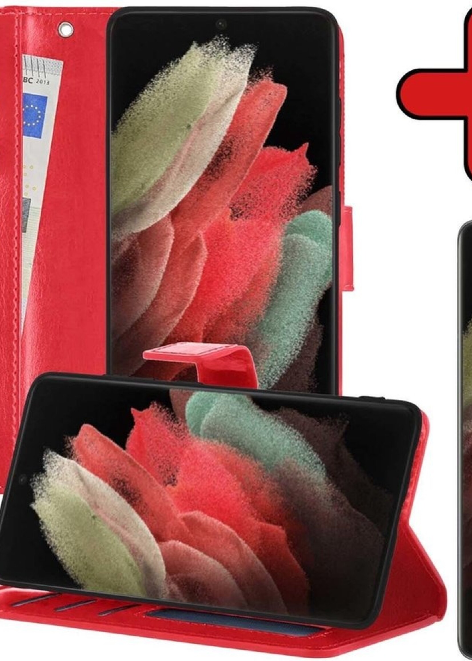 BTH Hoesje Geschikt voor Samsung S21 Ultra Hoesje Book Case Hoes Portemonnee Cover Walletcase Met Screenprotector - Hoes Geschikt voor Samsung Galaxy S21 Ultra Hoes Bookcase Hoesje - Rood