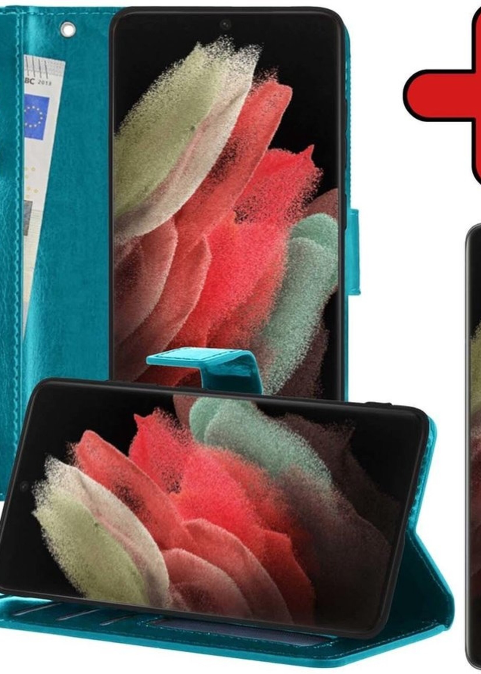 BTH Hoesje Geschikt voor Samsung S21 Ultra Hoesje Book Case Hoes Portemonnee Cover Walletcase Met Screenprotector - Hoes Geschikt voor Samsung Galaxy S21 Ultra Hoes Bookcase Hoesje - Turquoise