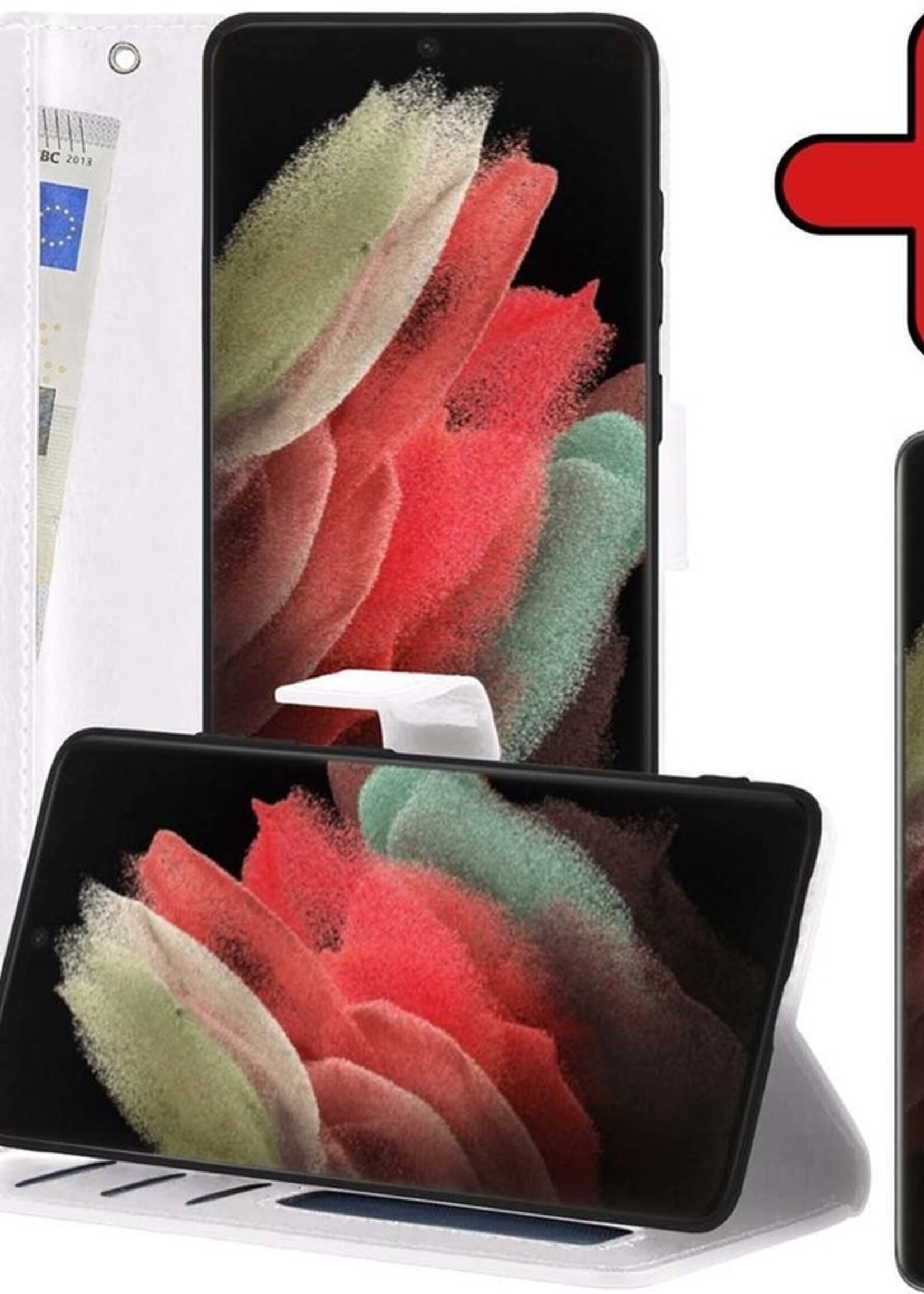 BTH Hoesje Geschikt voor Samsung S21 Ultra Hoesje Book Case Hoes Portemonnee Cover Walletcase Met Screenprotector - Hoes Geschikt voor Samsung Galaxy S21 Ultra Hoes Bookcase Hoesje - Wit