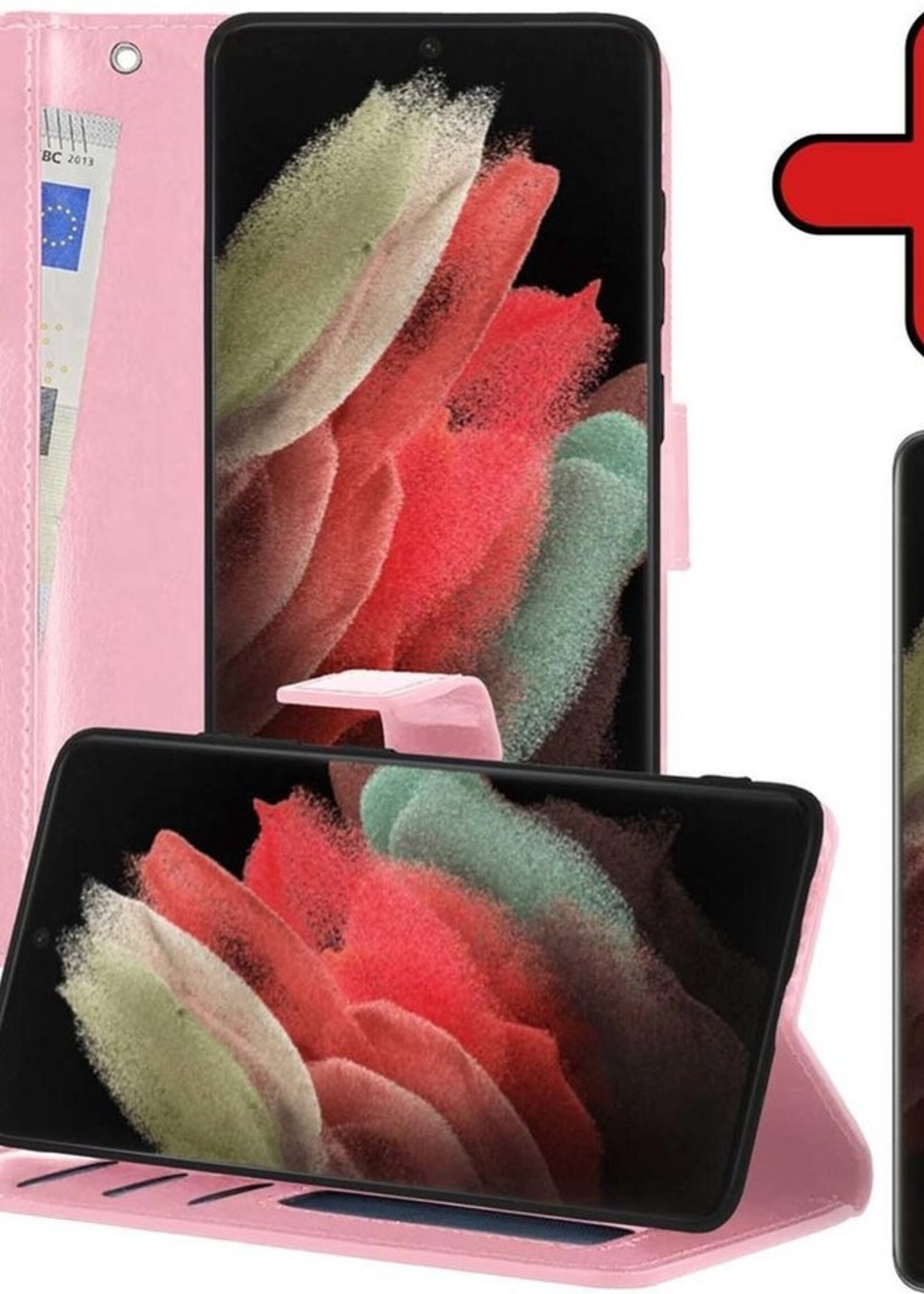 BTH Hoesje Geschikt voor Samsung S21 Ultra Hoesje Book Case Hoes Portemonnee Cover Walletcase Met Screenprotector - Hoes Geschikt voor Samsung Galaxy S21 Ultra Hoes Bookcase Hoesje - Lichtroze