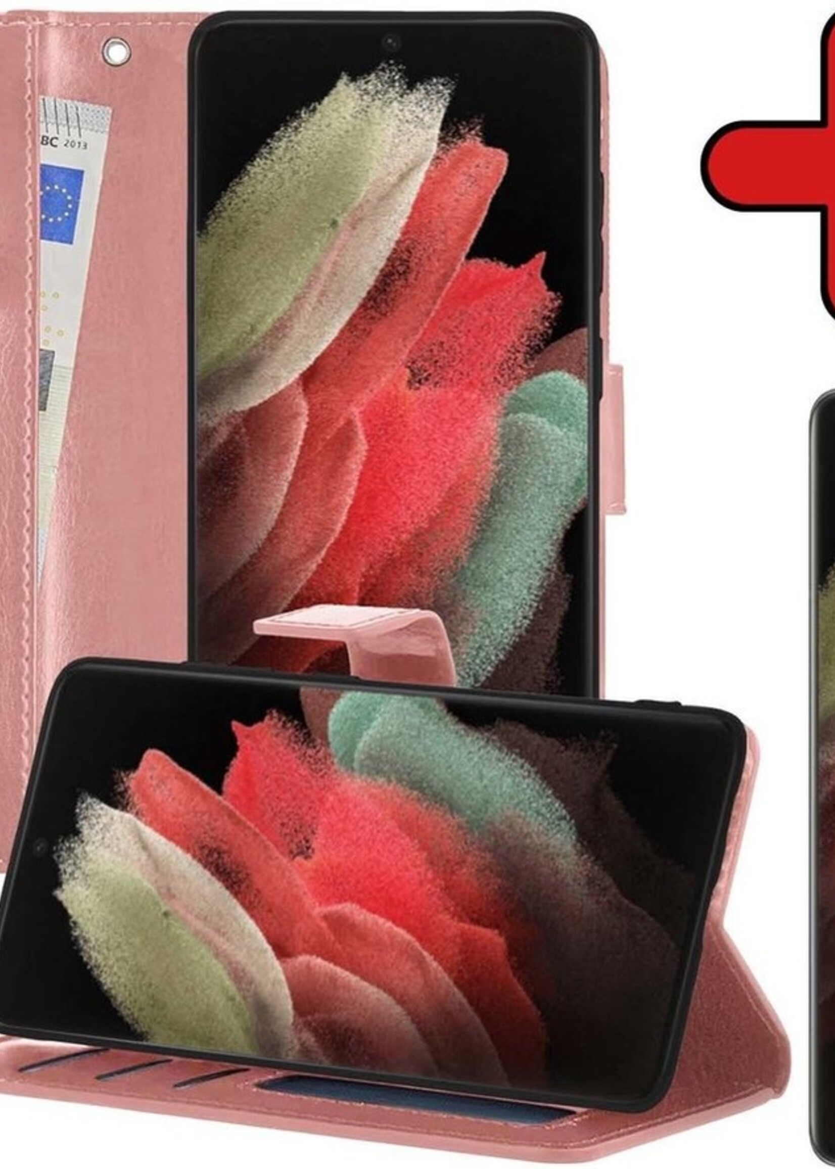 BTH Hoesje Geschikt voor Samsung S21 Ultra Hoesje Book Case Hoes Portemonnee Cover Walletcase Met Screenprotector - Hoes Geschikt voor Samsung Galaxy S21 Ultra Hoes Bookcase Hoesje - Rosé goud