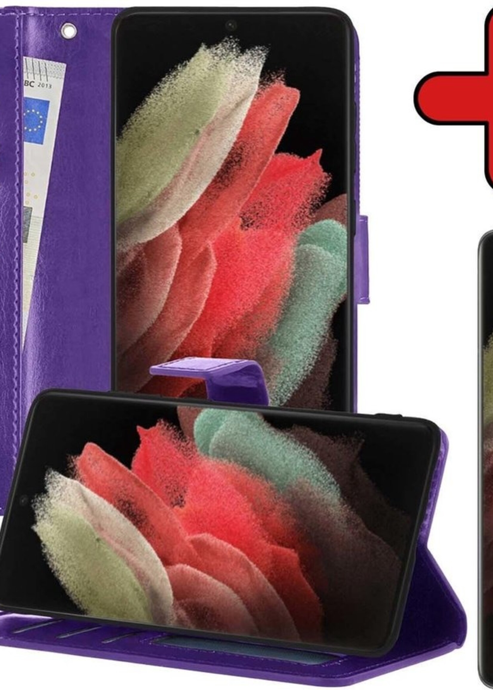 BTH Hoesje Geschikt voor Samsung S21 Ultra Hoesje Book Case Hoes Portemonnee Cover Walletcase Met Screenprotector - Hoes Geschikt voor Samsung Galaxy S21 Ultra Hoes Bookcase Hoesje - Paars