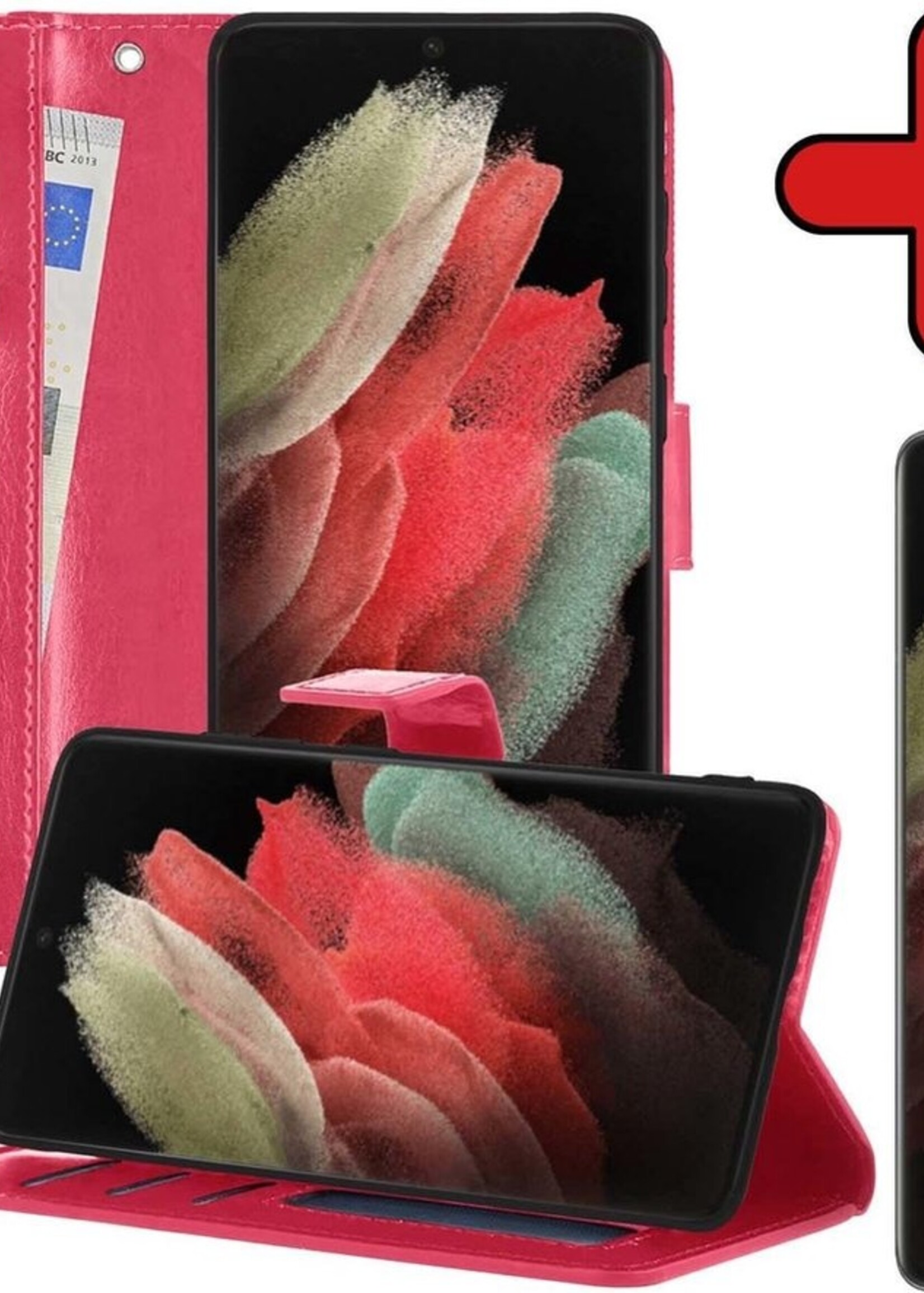 BTH Hoesje Geschikt voor Samsung S21 Ultra Hoesje Book Case Hoes Portemonnee Cover Walletcase Met Screenprotector - Hoes Geschikt voor Samsung Galaxy S21 Ultra Hoes Bookcase Hoesje - Donkerroze