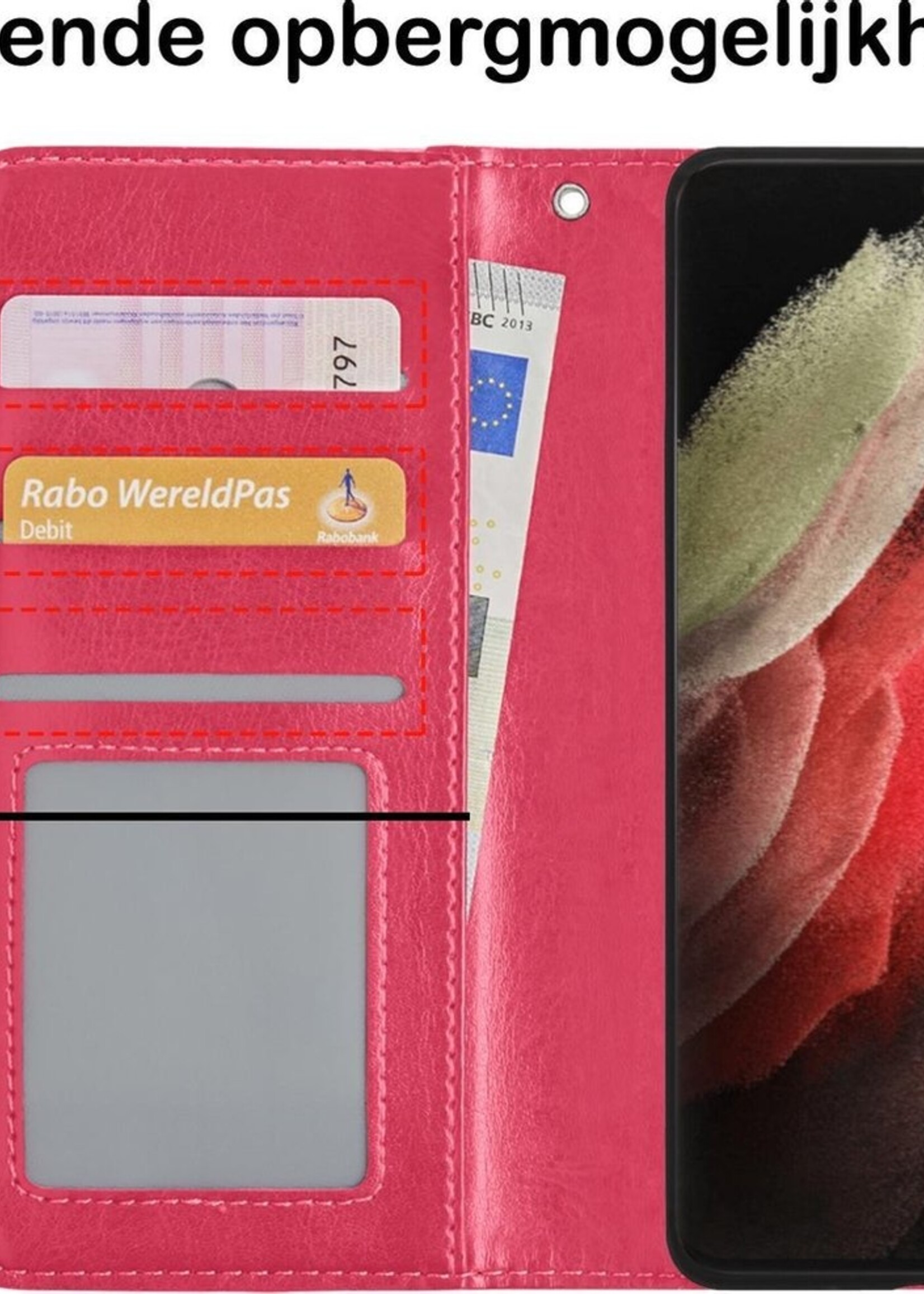 BTH Hoesje Geschikt voor Samsung S21 Ultra Hoesje Book Case Hoes Portemonnee Cover Walletcase Met Screenprotector - Hoes Geschikt voor Samsung Galaxy S21 Ultra Hoes Bookcase Hoesje - Donkerroze