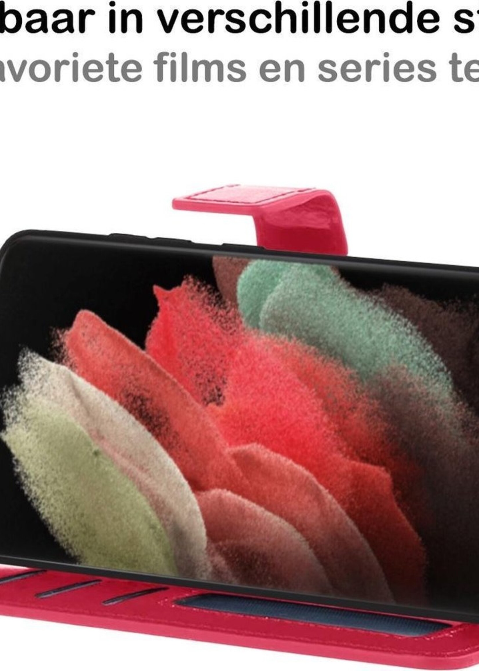 BTH Hoesje Geschikt voor Samsung S21 Ultra Hoesje Book Case Hoes Portemonnee Cover Walletcase Met Screenprotector - Hoes Geschikt voor Samsung Galaxy S21 Ultra Hoes Bookcase Hoesje - Donkerroze