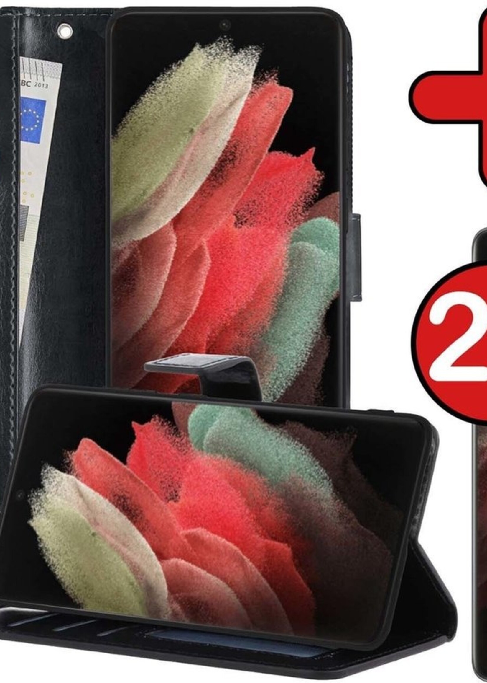 BTH Hoesje Geschikt voor Samsung S21 Ultra Hoesje Book Case Hoes Portemonnee Cover Walletcase Met 2x Screenprotector - Hoes Geschikt voor Samsung Galaxy S21 Ultra Hoes Bookcase Hoesje - Zwart