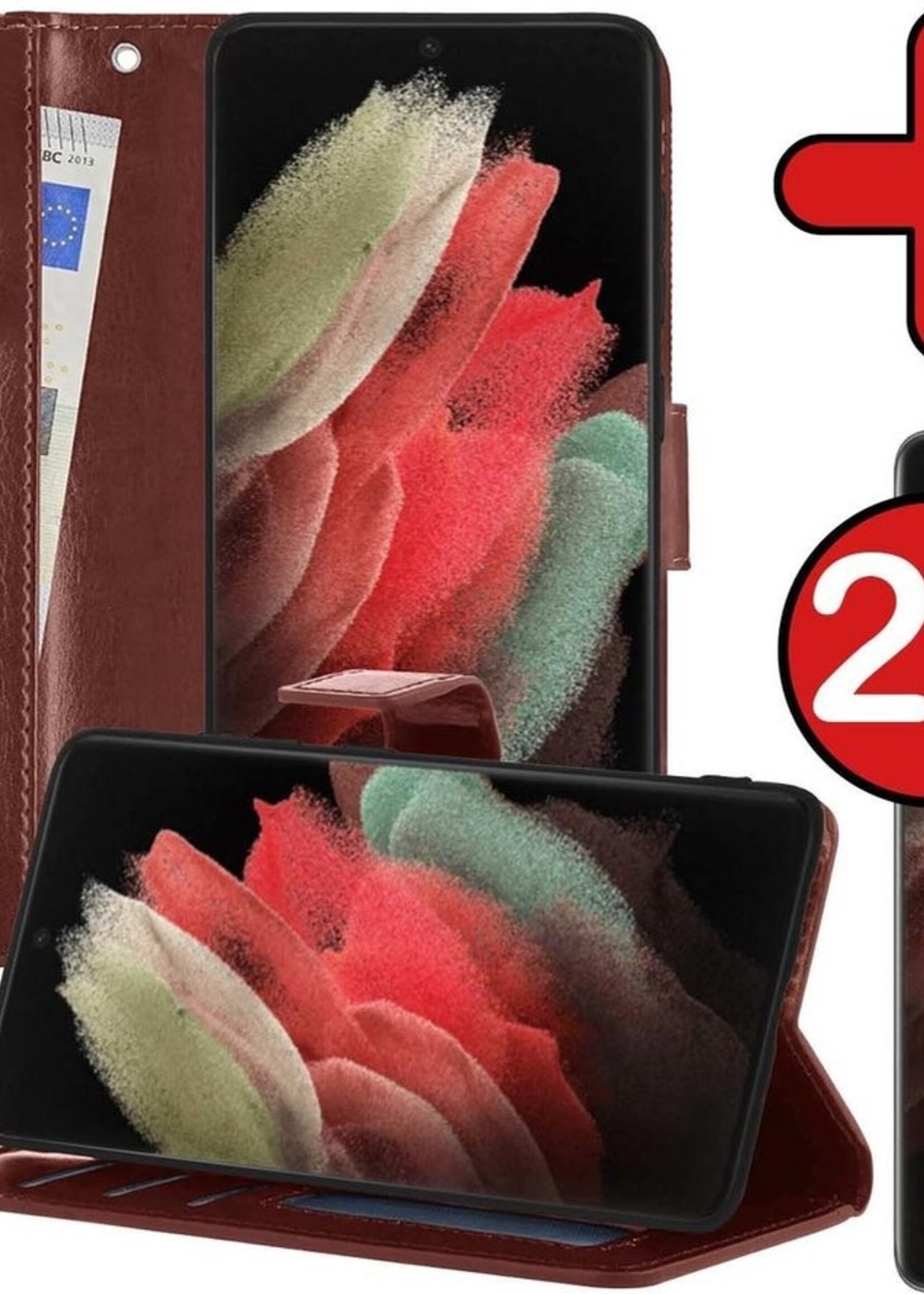BTH Hoesje Geschikt voor Samsung S21 Ultra Hoesje Book Case Hoes Portemonnee Cover Walletcase Met 2x Screenprotector - Hoes Geschikt voor Samsung Galaxy S21 Ultra Hoes Bookcase Hoesje - Bruin