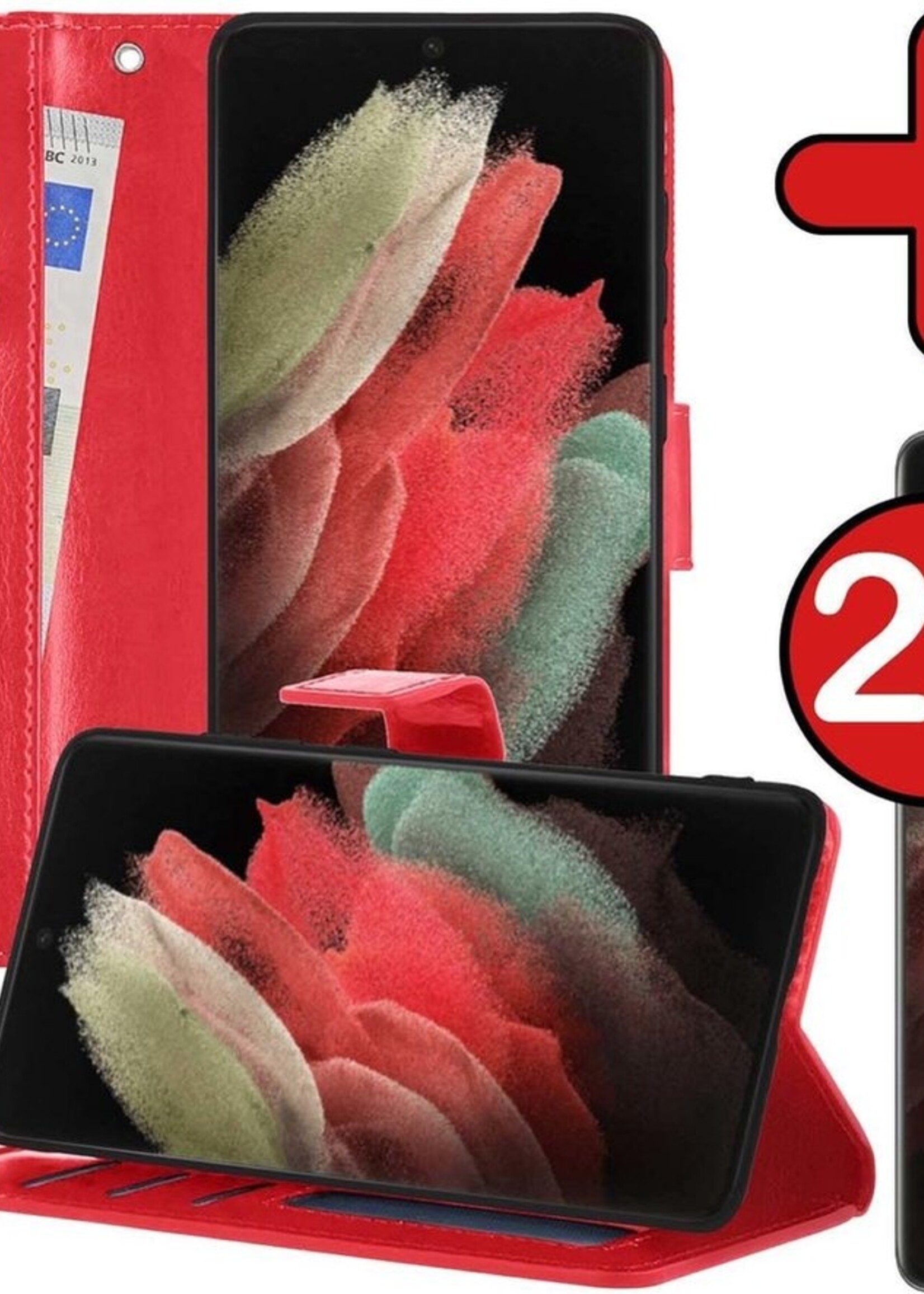 BTH Hoesje Geschikt voor Samsung S21 Ultra Hoesje Book Case Hoes Portemonnee Cover Walletcase Met 2x Screenprotector - Hoes Geschikt voor Samsung Galaxy S21 Ultra Hoes Bookcase Hoesje - Rood