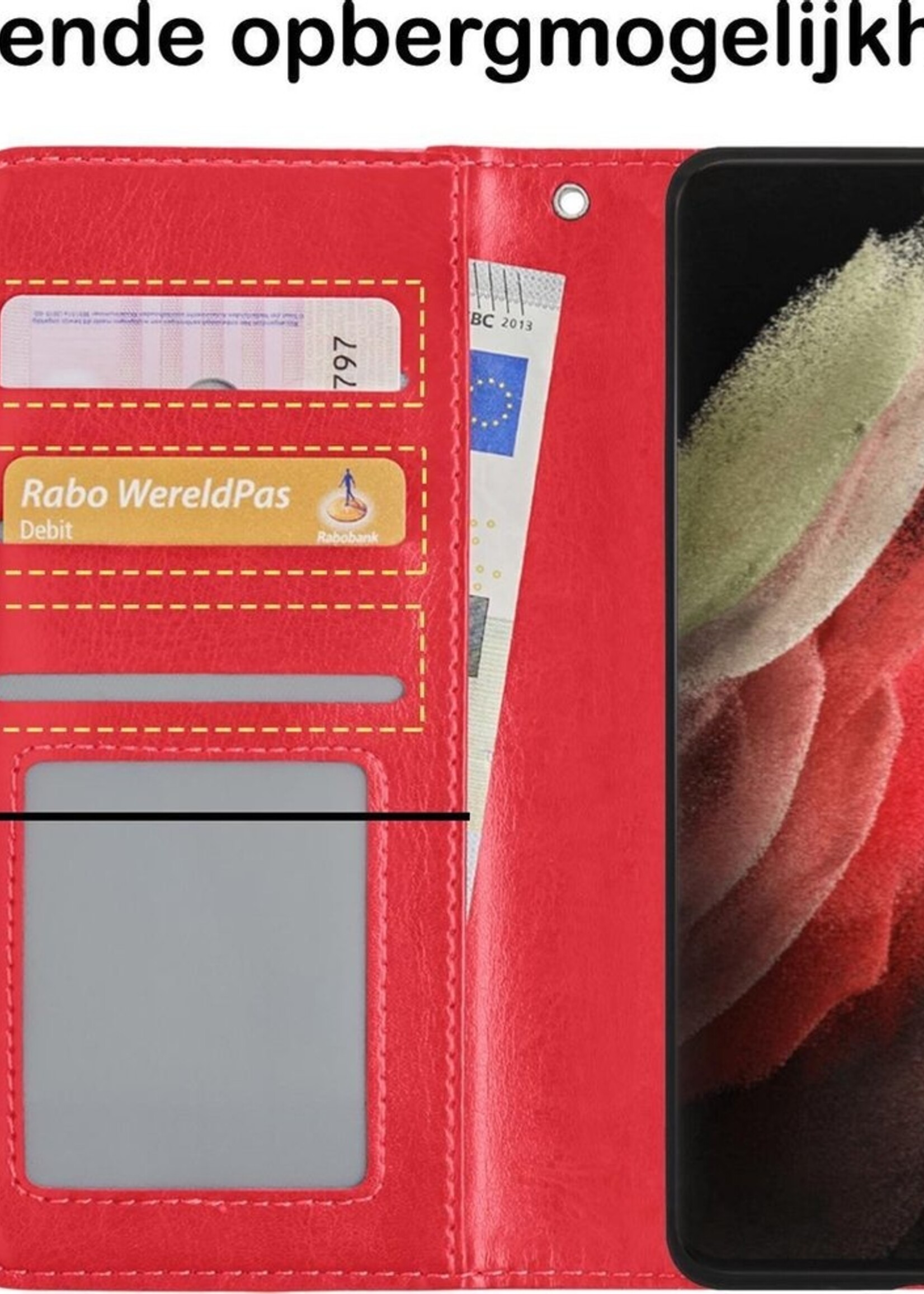 BTH Hoesje Geschikt voor Samsung S21 Ultra Hoesje Book Case Hoes Portemonnee Cover Walletcase Met 2x Screenprotector - Hoes Geschikt voor Samsung Galaxy S21 Ultra Hoes Bookcase Hoesje - Rood