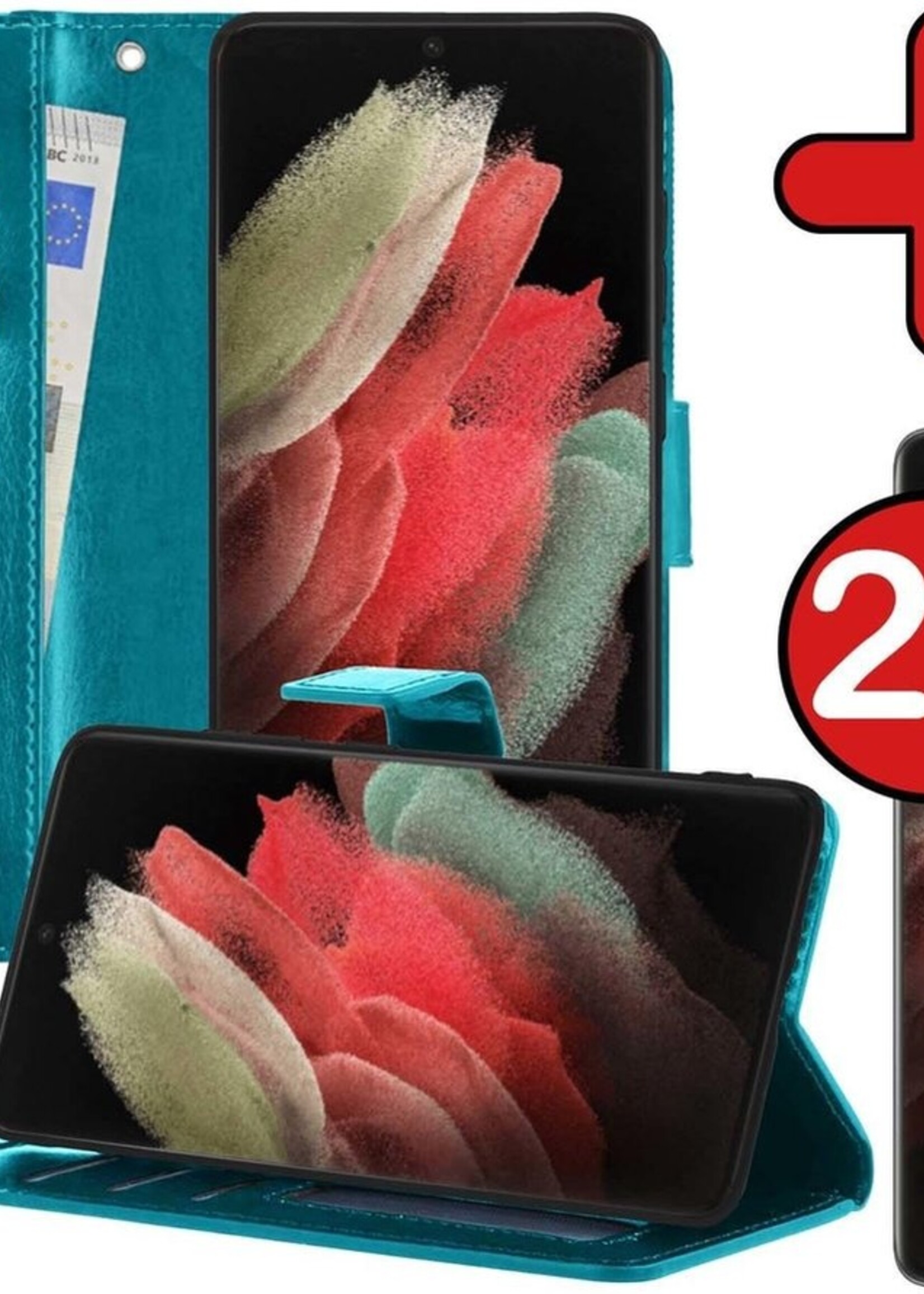 BTH Hoesje Geschikt voor Samsung S21 Ultra Hoesje Book Case Hoes Portemonnee Cover Walletcase Met 2x Screenprotector - Hoes Geschikt voor Samsung Galaxy S21 Ultra Hoes Bookcase Hoesje - Turquoise