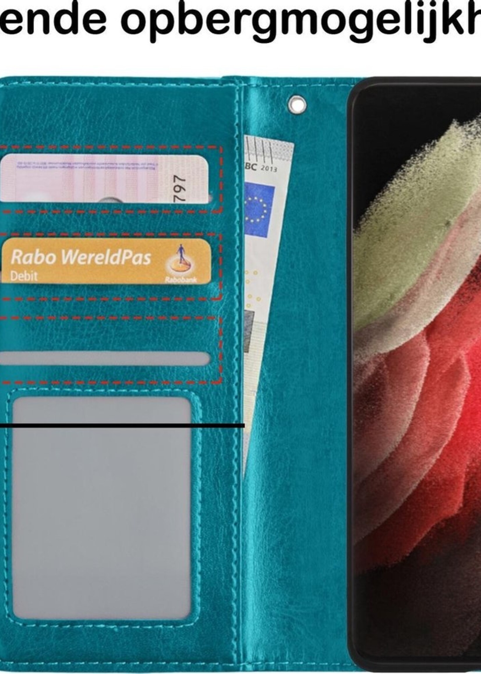 BTH Hoesje Geschikt voor Samsung S21 Ultra Hoesje Book Case Hoes Portemonnee Cover Walletcase Met 2x Screenprotector - Hoes Geschikt voor Samsung Galaxy S21 Ultra Hoes Bookcase Hoesje - Turquoise