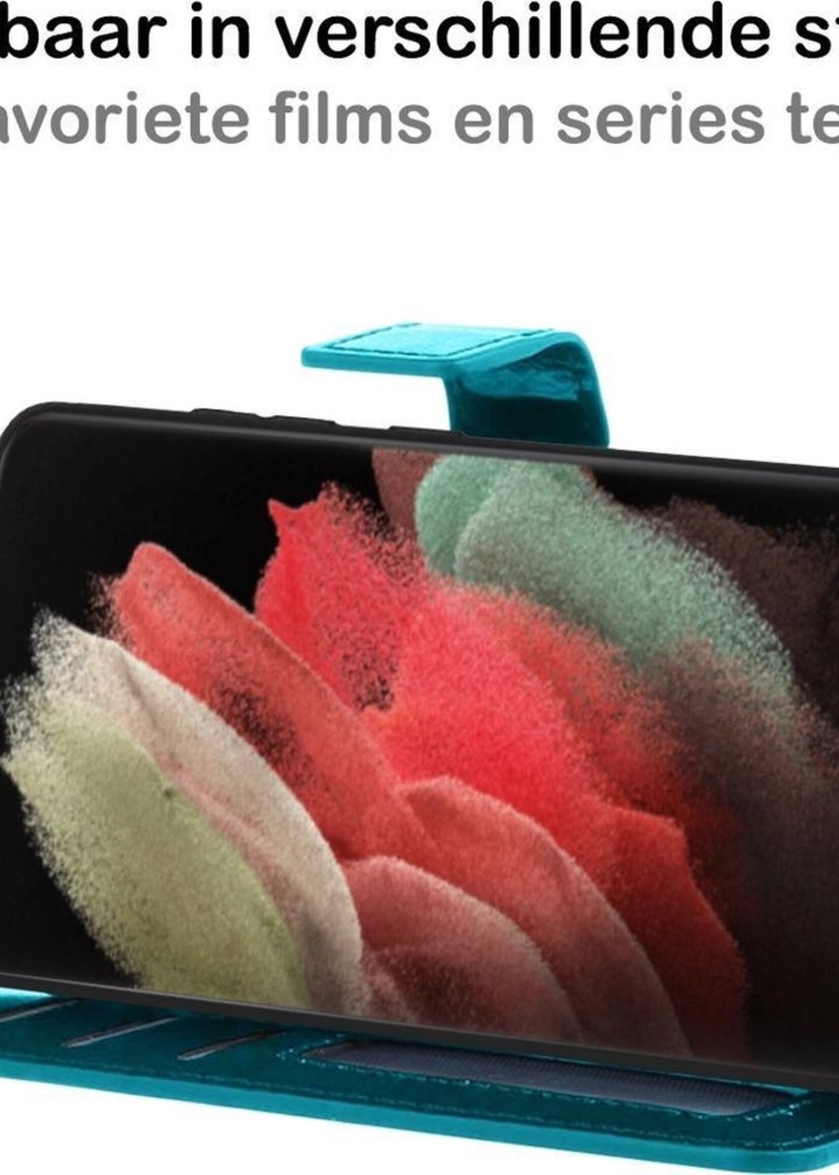 BTH Hoesje Geschikt voor Samsung S21 Ultra Hoesje Book Case Hoes Portemonnee Cover Walletcase Met 2x Screenprotector - Hoes Geschikt voor Samsung Galaxy S21 Ultra Hoes Bookcase Hoesje - Turquoise