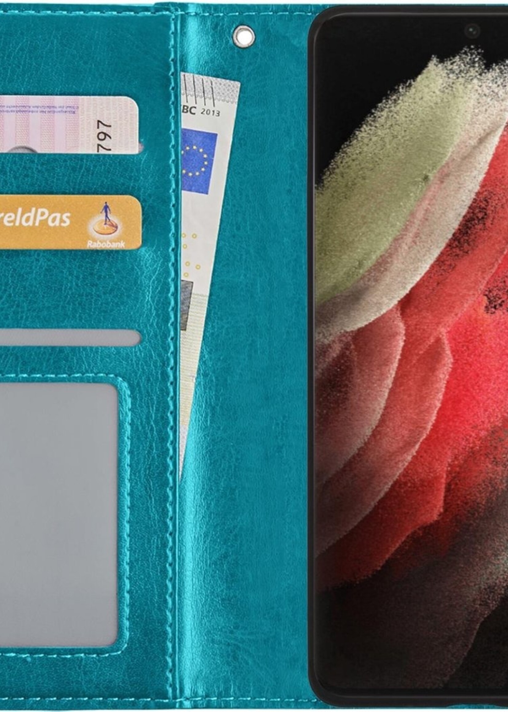 BTH Hoesje Geschikt voor Samsung S21 Ultra Hoesje Book Case Hoes Portemonnee Cover Walletcase Met 2x Screenprotector - Hoes Geschikt voor Samsung Galaxy S21 Ultra Hoes Bookcase Hoesje - Turquoise