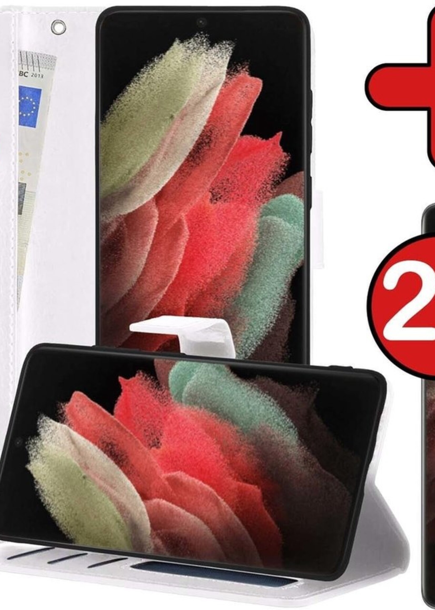 BTH Hoesje Geschikt voor Samsung S21 Ultra Hoesje Book Case Hoes Portemonnee Cover Walletcase Met 2x Screenprotector - Hoes Geschikt voor Samsung Galaxy S21 Ultra Hoes Bookcase Hoesje - Wit