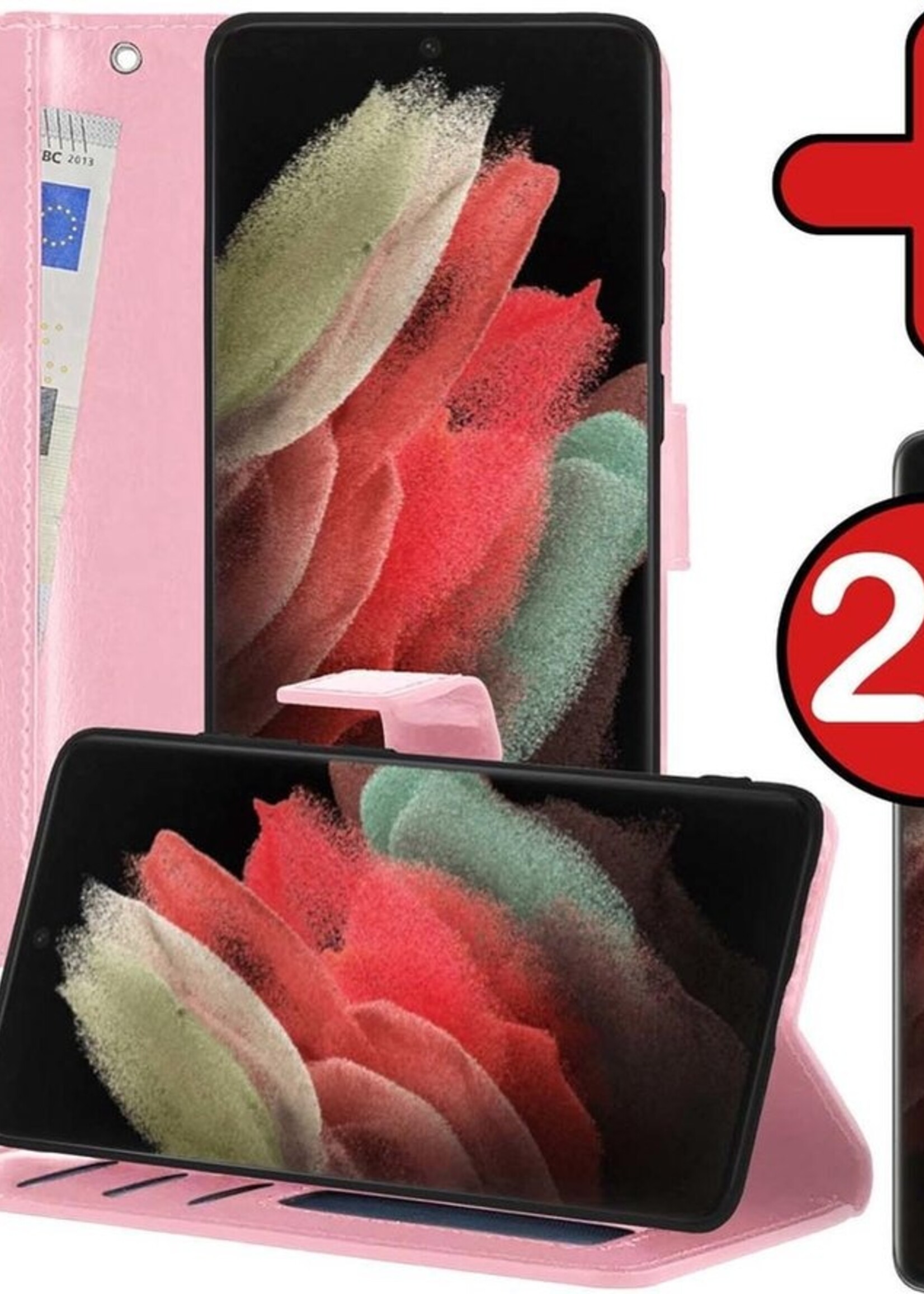 BTH Hoesje Geschikt voor Samsung S21 Ultra Hoesje Book Case Hoes Portemonnee Cover Walletcase Met 2x Screenprotector - Hoes Geschikt voor Samsung Galaxy S21 Ultra Hoes Bookcase Hoesje - Lichtroze