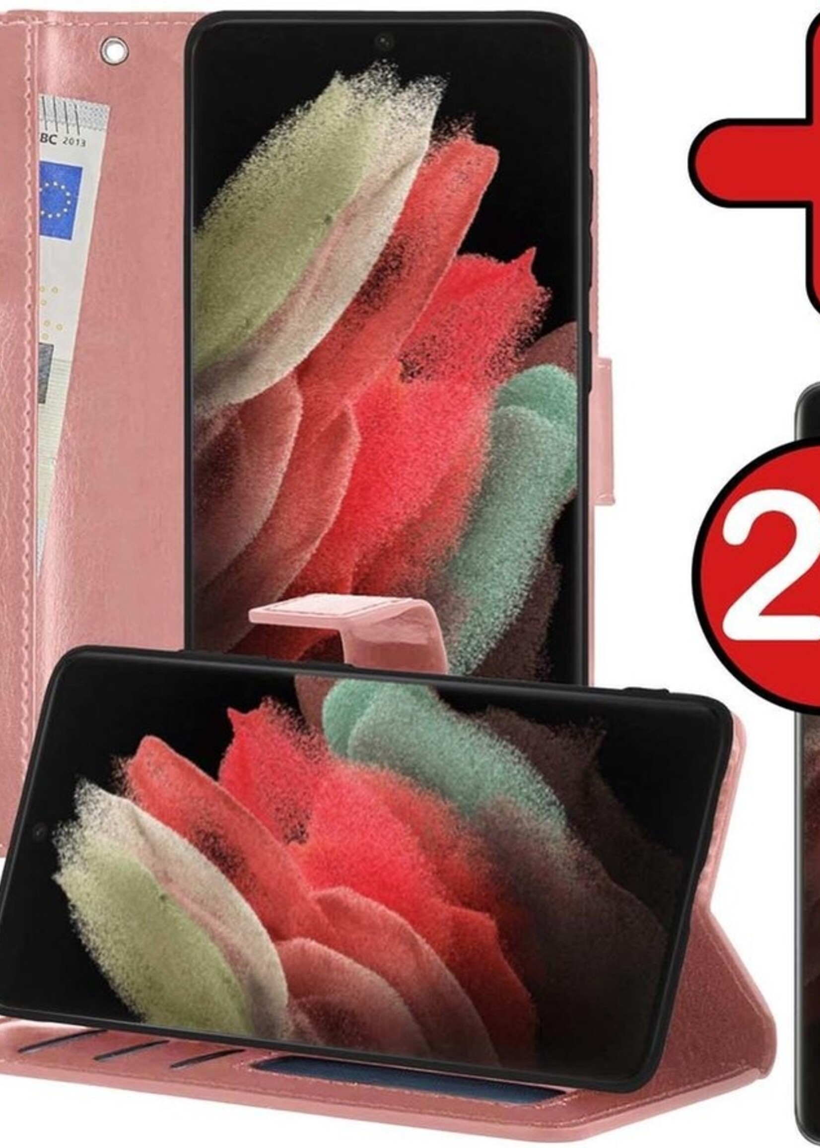 BTH Hoesje Geschikt voor Samsung S21 Ultra Hoesje Book Case Hoes Portemonnee Cover Walletcase Met 2x Screenprotector - Hoes Geschikt voor Samsung Galaxy S21 Ultra Hoes Bookcase Hoesje - Rosé goud