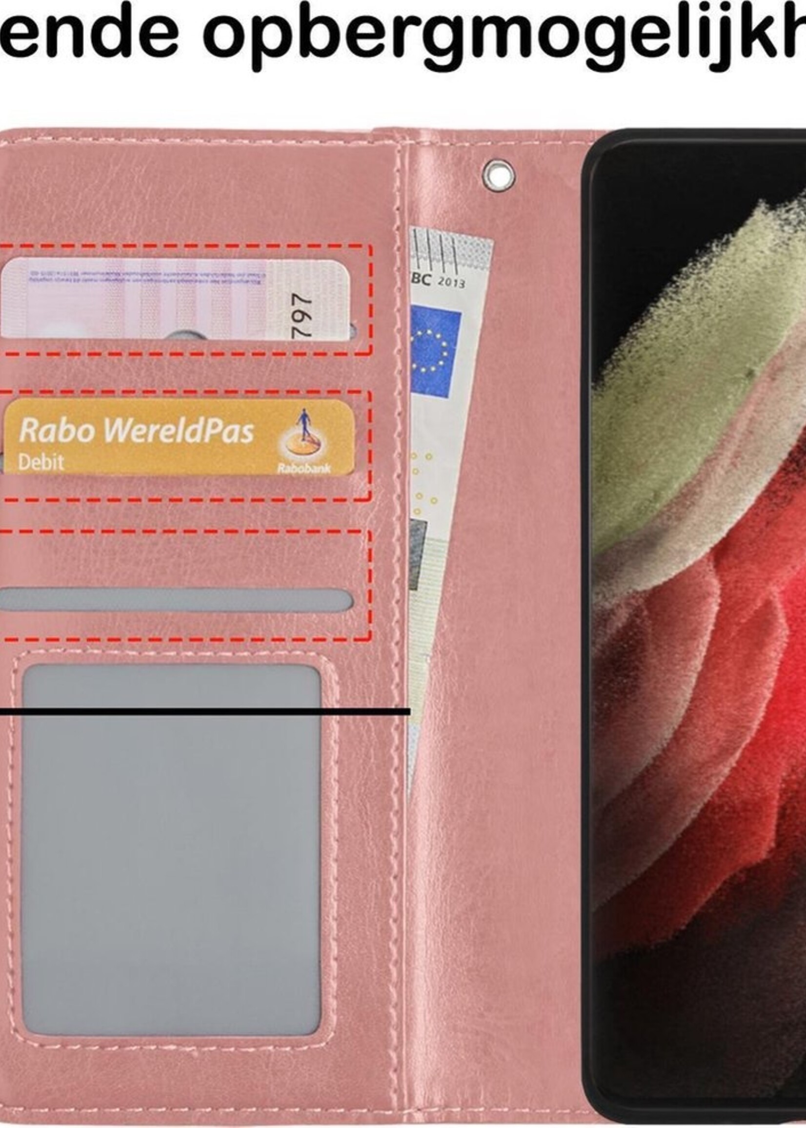 BTH Hoesje Geschikt voor Samsung S21 Ultra Hoesje Book Case Hoes Portemonnee Cover Walletcase Met 2x Screenprotector - Hoes Geschikt voor Samsung Galaxy S21 Ultra Hoes Bookcase Hoesje - Rosé goud