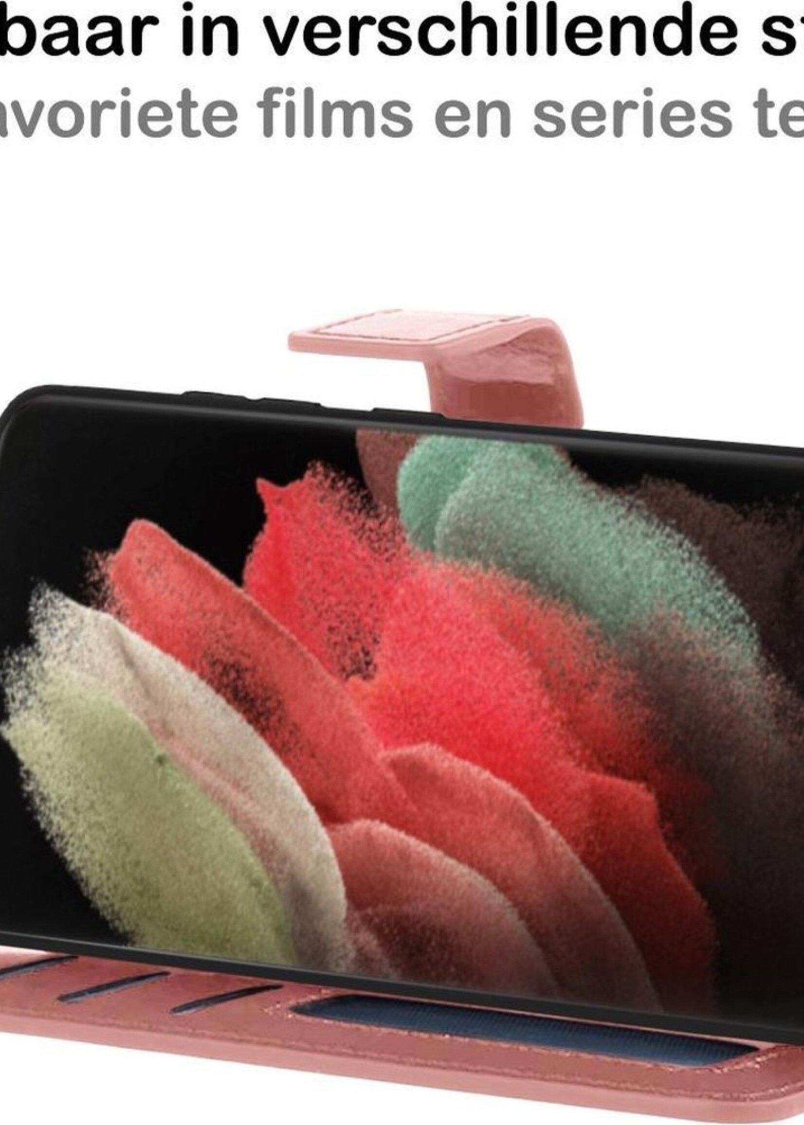 BTH Hoesje Geschikt voor Samsung S21 Ultra Hoesje Book Case Hoes Portemonnee Cover Walletcase Met 2x Screenprotector - Hoes Geschikt voor Samsung Galaxy S21 Ultra Hoes Bookcase Hoesje - Rosé goud