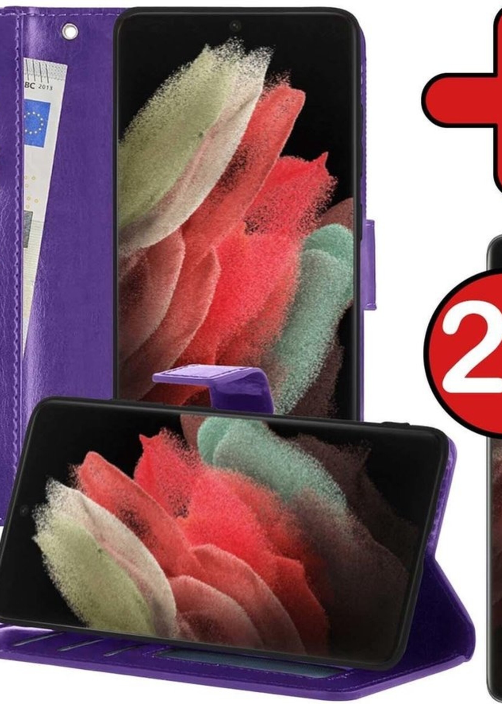 BTH Hoesje Geschikt voor Samsung S21 Ultra Hoesje Book Case Hoes Portemonnee Cover Walletcase Met 2x Screenprotector - Hoes Geschikt voor Samsung Galaxy S21 Ultra Hoes Bookcase Hoesje - Paars