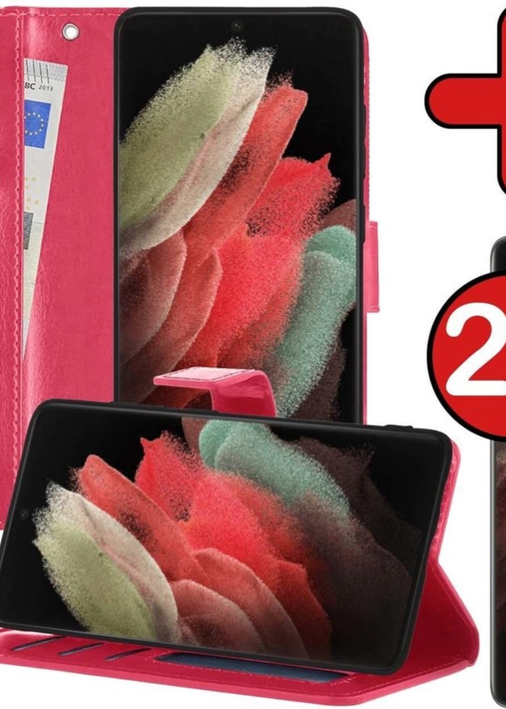 BTH Hoesje Geschikt voor Samsung S21 Ultra Hoesje Book Case Hoes Portemonnee Cover Walletcase Met 2x Screenprotector - Hoes Geschikt voor Samsung Galaxy S21 Ultra Hoes Bookcase Hoesje - Donkerroze