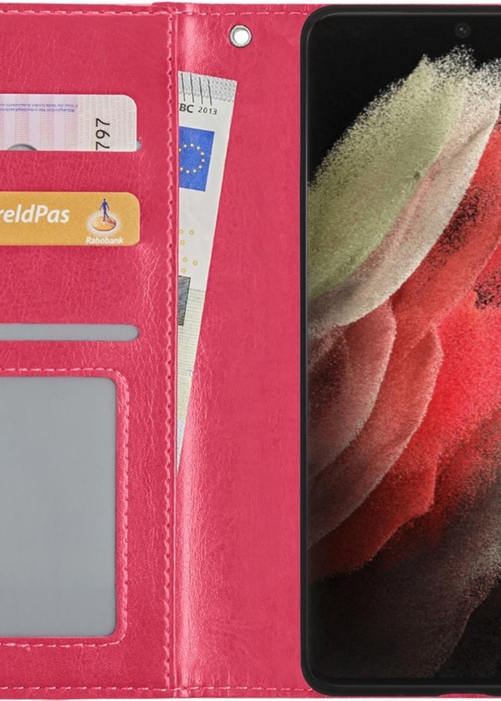 BTH Hoesje Geschikt voor Samsung S21 Ultra Hoesje Book Case Hoes Portemonnee Cover Walletcase Met 2x Screenprotector - Hoes Geschikt voor Samsung Galaxy S21 Ultra Hoes Bookcase Hoesje - Donkerroze