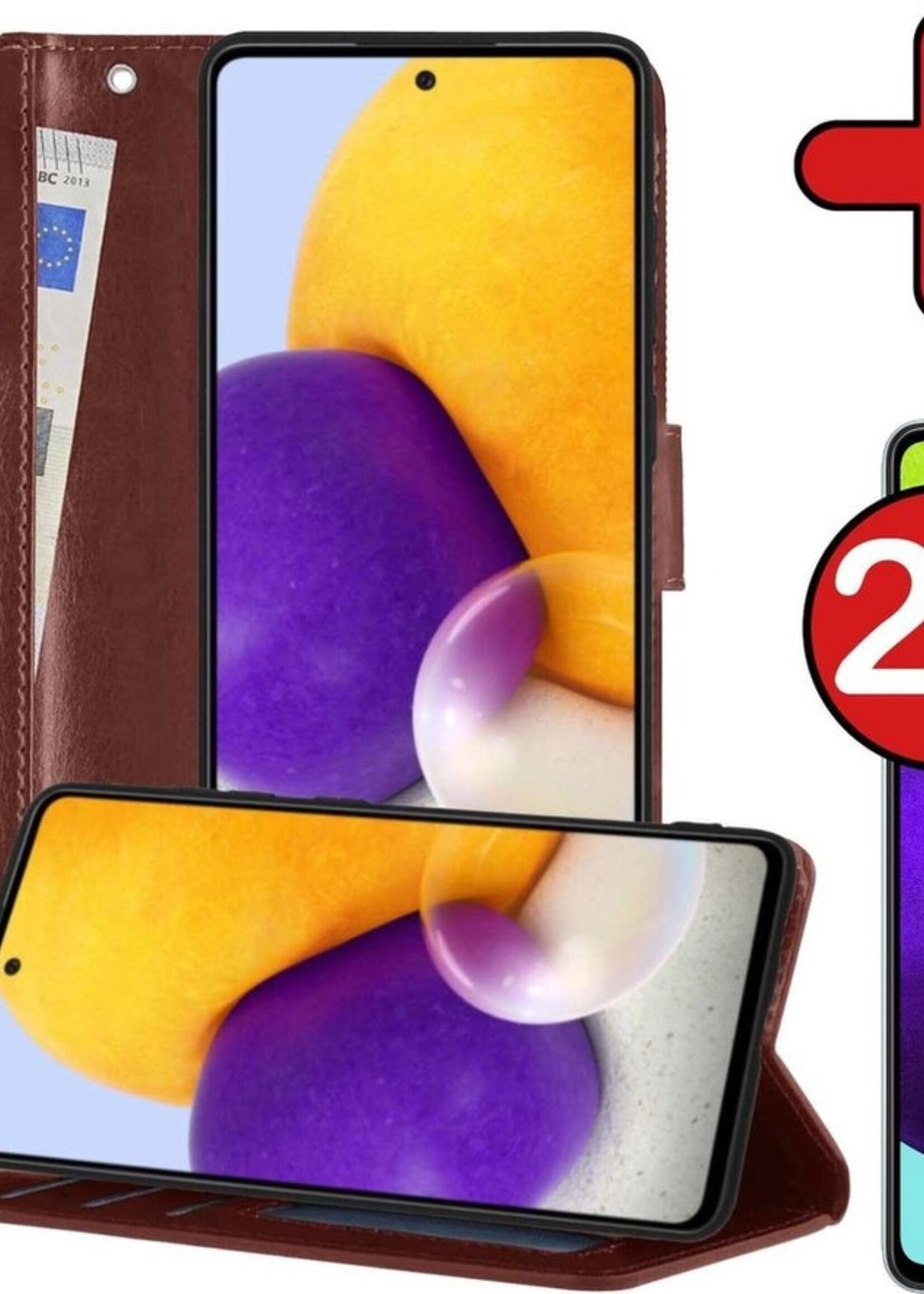 BTH Hoesje Geschikt voor Samsung A52 5G Hoesje Book Case Hoes Portemonnee Cover Walletcase Met 2x Screenprotector - Hoes Geschikt voor Samsung Galaxy A52 5G Hoes Bookcase Hoesje - Bruin