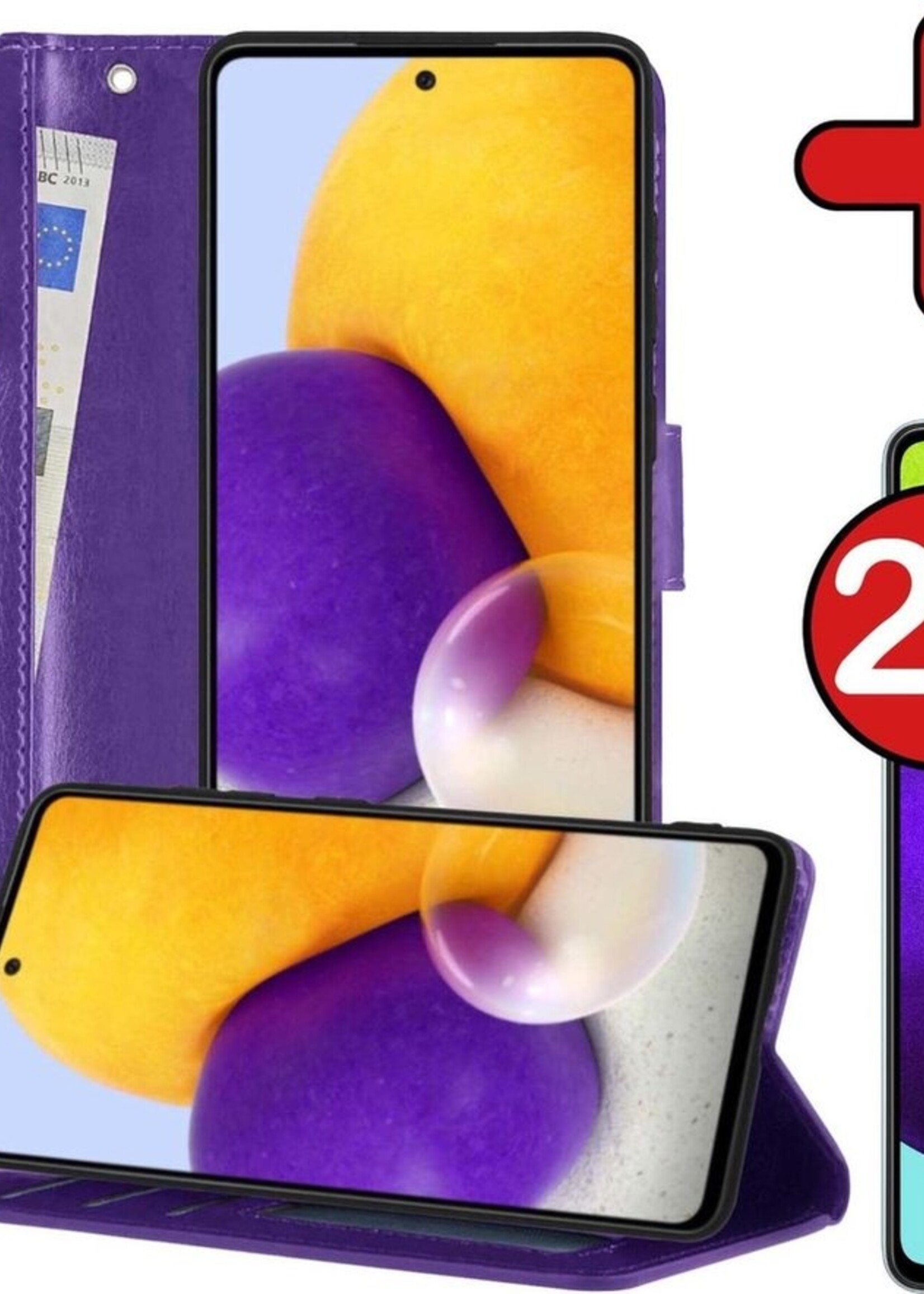 BTH Hoesje Geschikt voor Samsung A52 5G Hoesje Book Case Hoes Portemonnee Cover Walletcase Met 2x Screenprotector - Hoes Geschikt voor Samsung Galaxy A52 5G Hoes Bookcase Hoesje - Paars