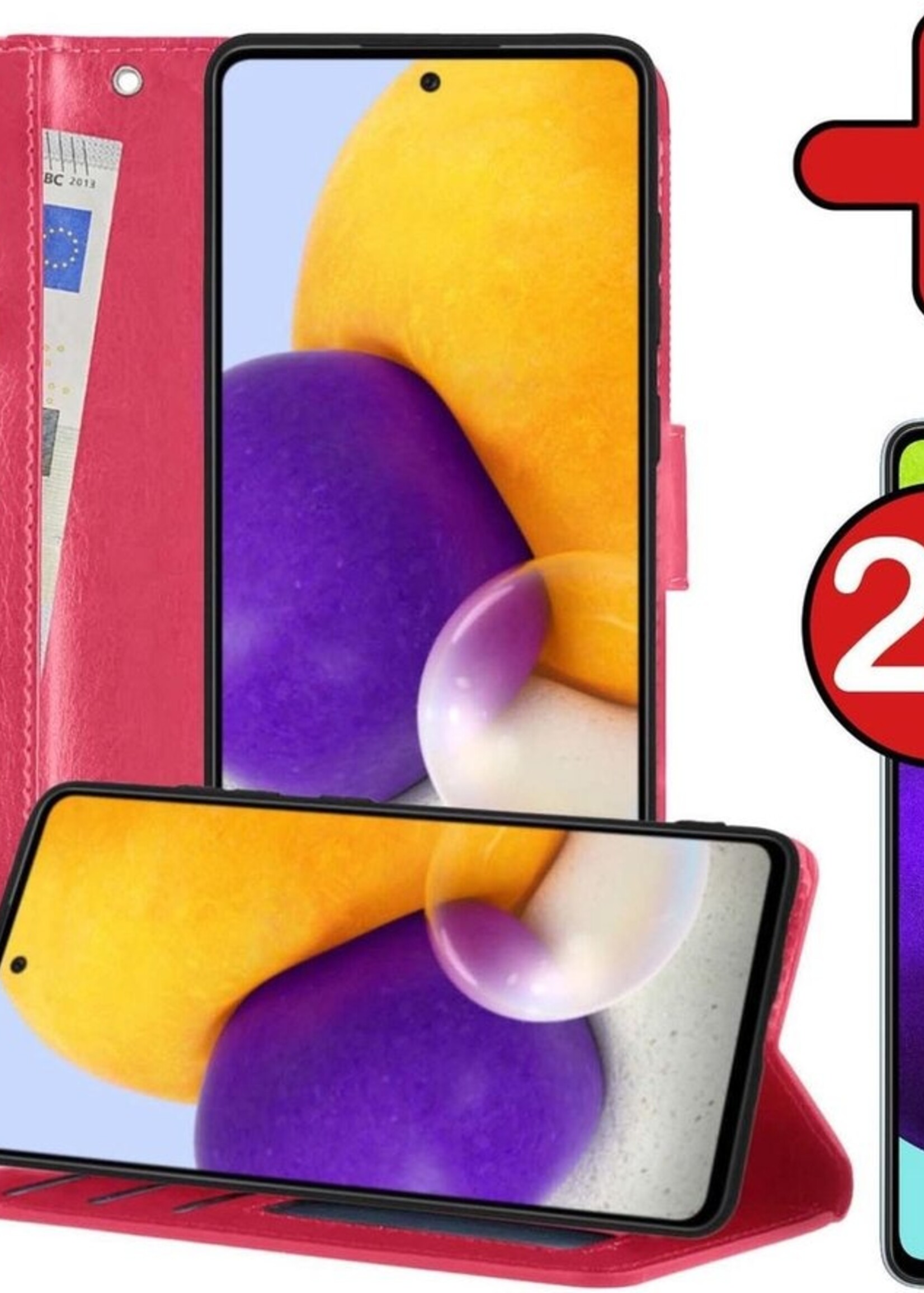 BTH Hoesje Geschikt voor Samsung A52 5G Hoesje Book Case Hoes Portemonnee Cover Walletcase Met 2x Screenprotector - Hoes Geschikt voor Samsung Galaxy A52 5G Hoes Bookcase Hoesje - Donkerroze