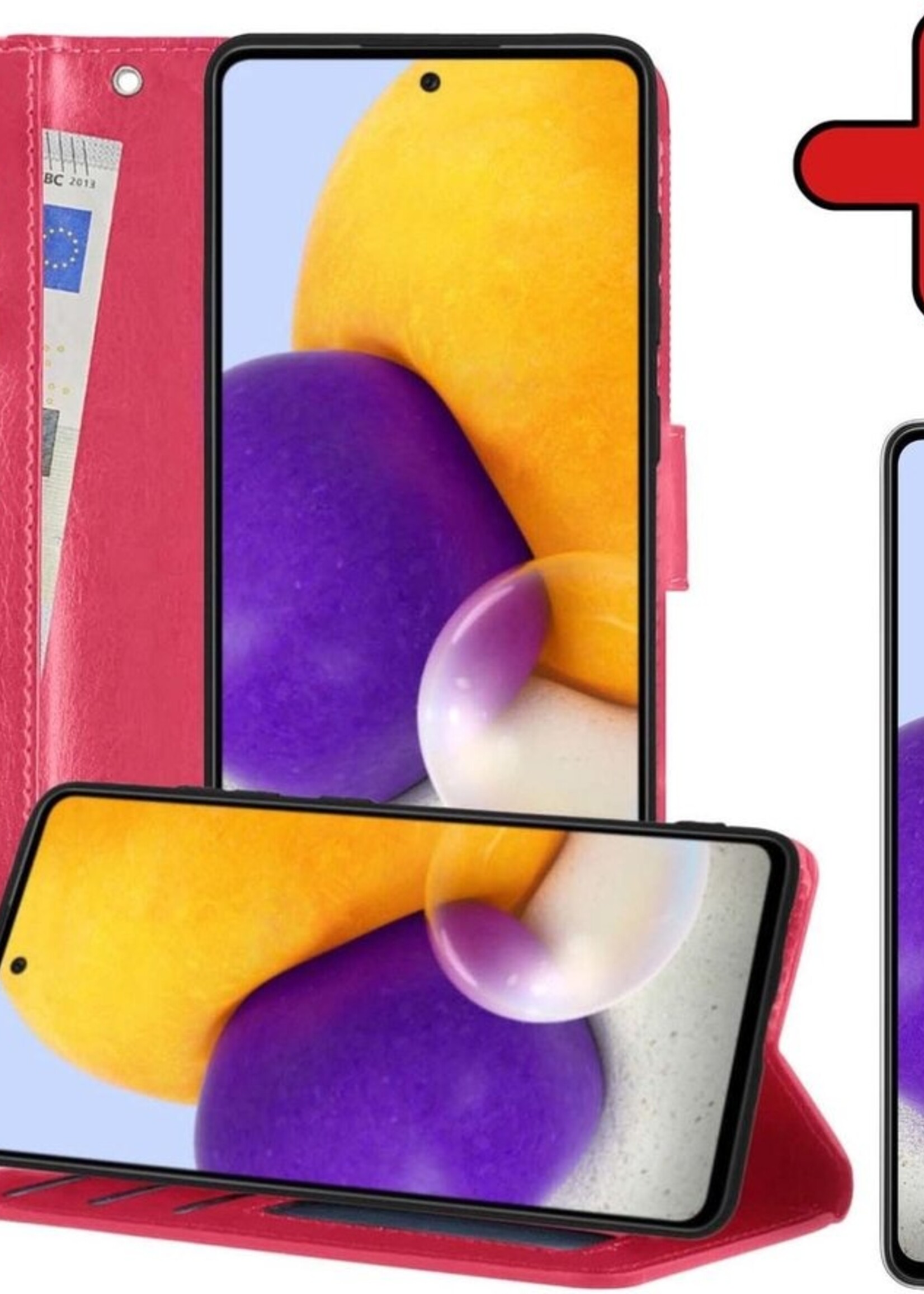 BTH Hoesje Geschikt voor Samsung A72 5G Hoesje Book Case Hoes Portemonnee Cover Walletcase Met Screenprotector - Hoes Geschikt voor Samsung Galaxy A72 5G Hoes Bookcase Hoesje - Donkerroze