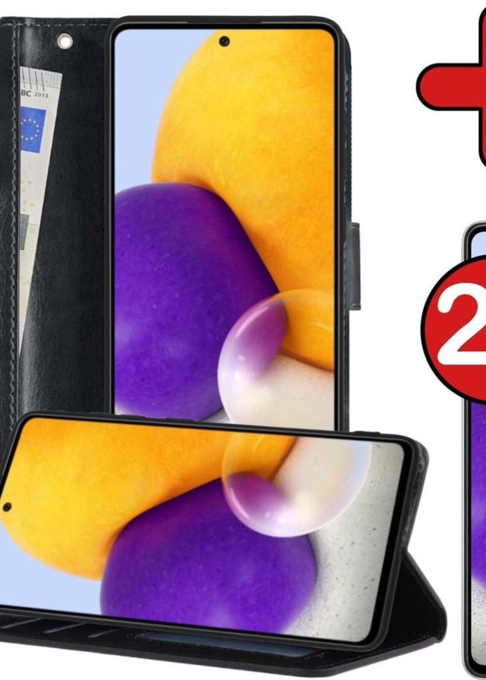 BTH Hoesje Geschikt voor Samsung A72 5G Hoesje Book Case Hoes Portemonnee Cover Walletcase Met 2x Screenprotector - Hoes Geschikt voor Samsung Galaxy A72 5G Hoes Bookcase Hoesje - Zwart