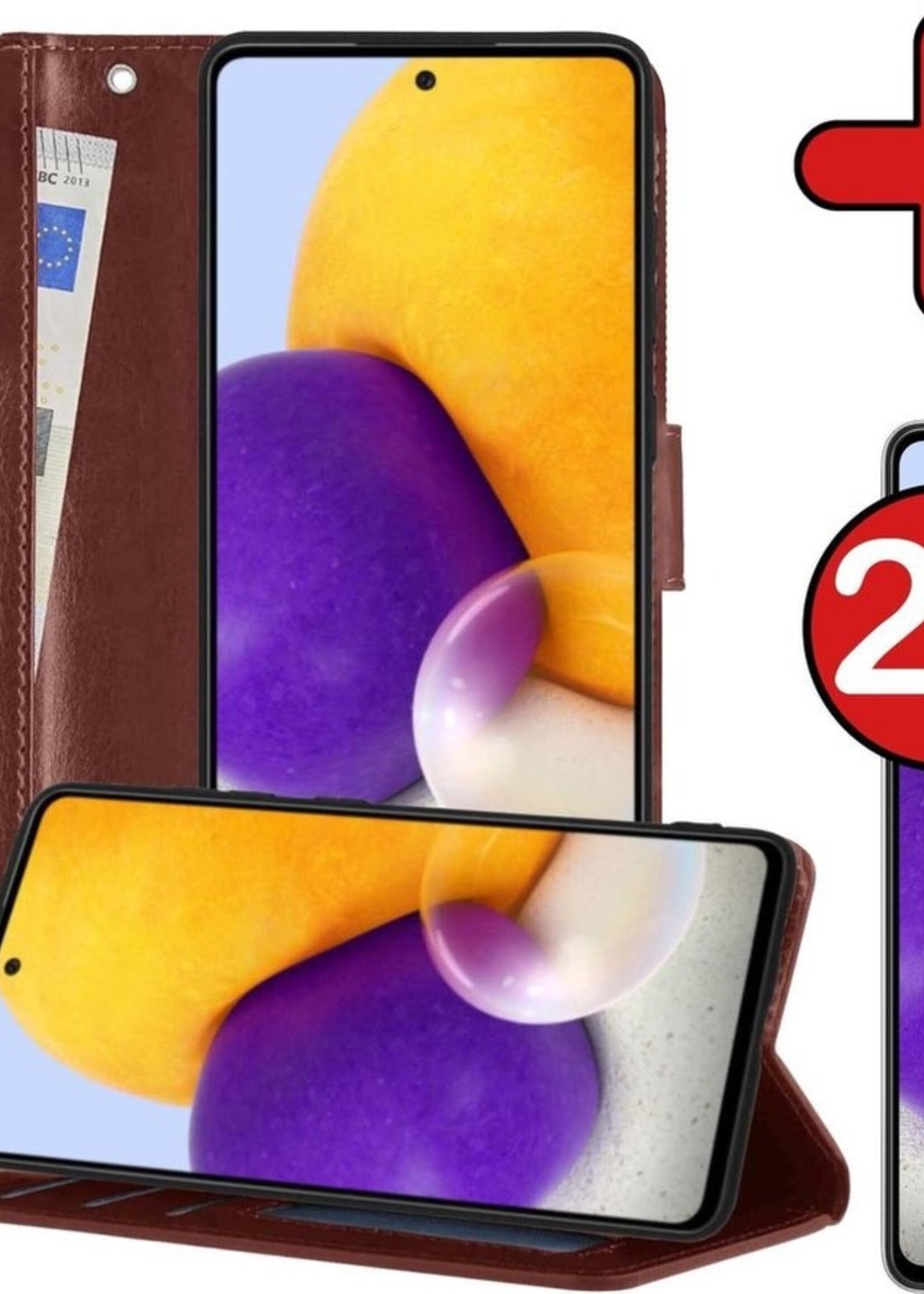 BTH Hoesje Geschikt voor Samsung A72 5G Hoesje Book Case Hoes Portemonnee Cover Walletcase Met 2x Screenprotector - Hoes Geschikt voor Samsung Galaxy A72 5G Hoes Bookcase Hoesje - Bruin