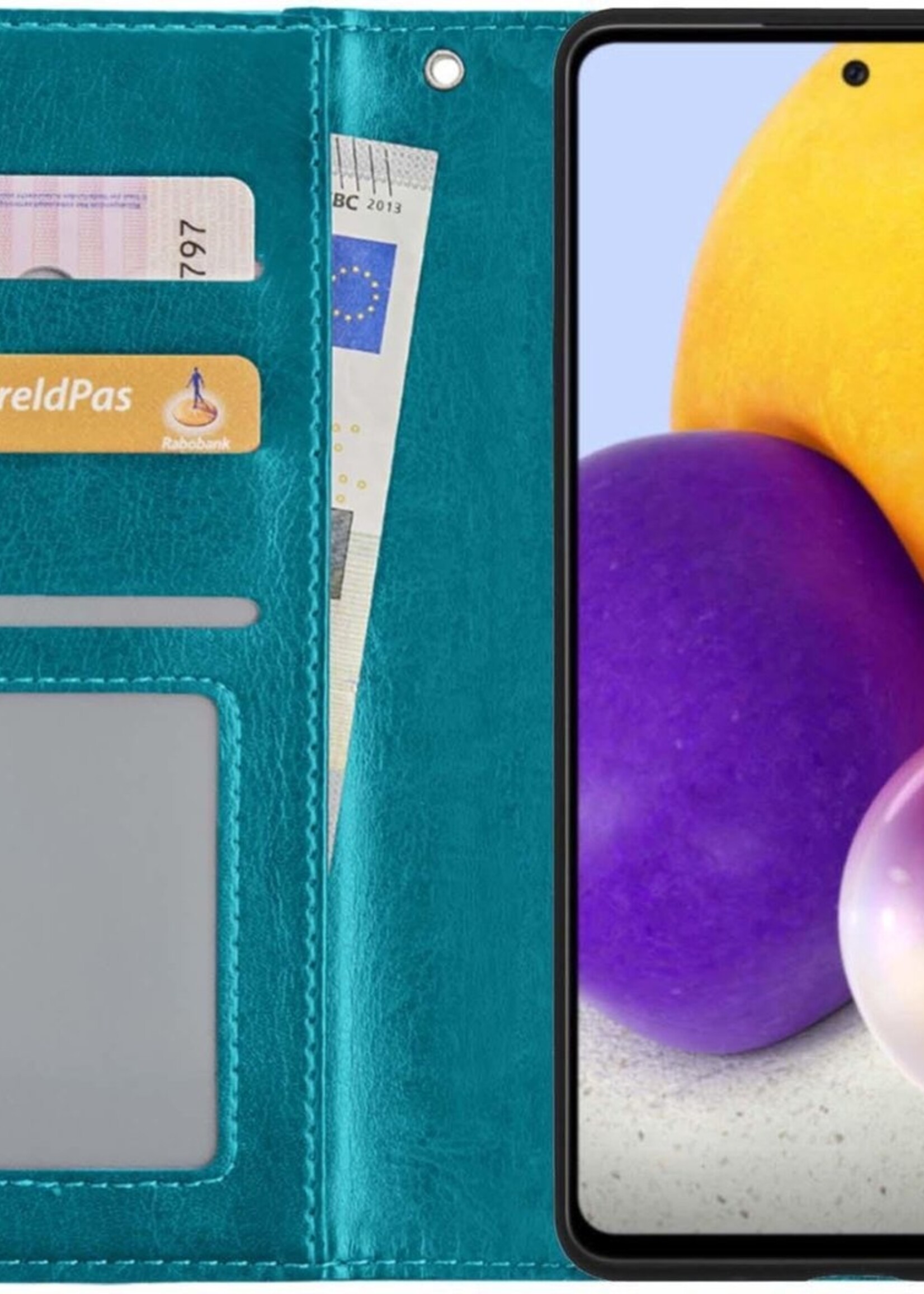 BTH Hoesje Geschikt voor Samsung A72 5G Hoesje Book Case Hoes Portemonnee Cover Walletcase Met 2x Screenprotector - Hoes Geschikt voor Samsung Galaxy A72 5G Hoes Bookcase Hoesje - Turquoise