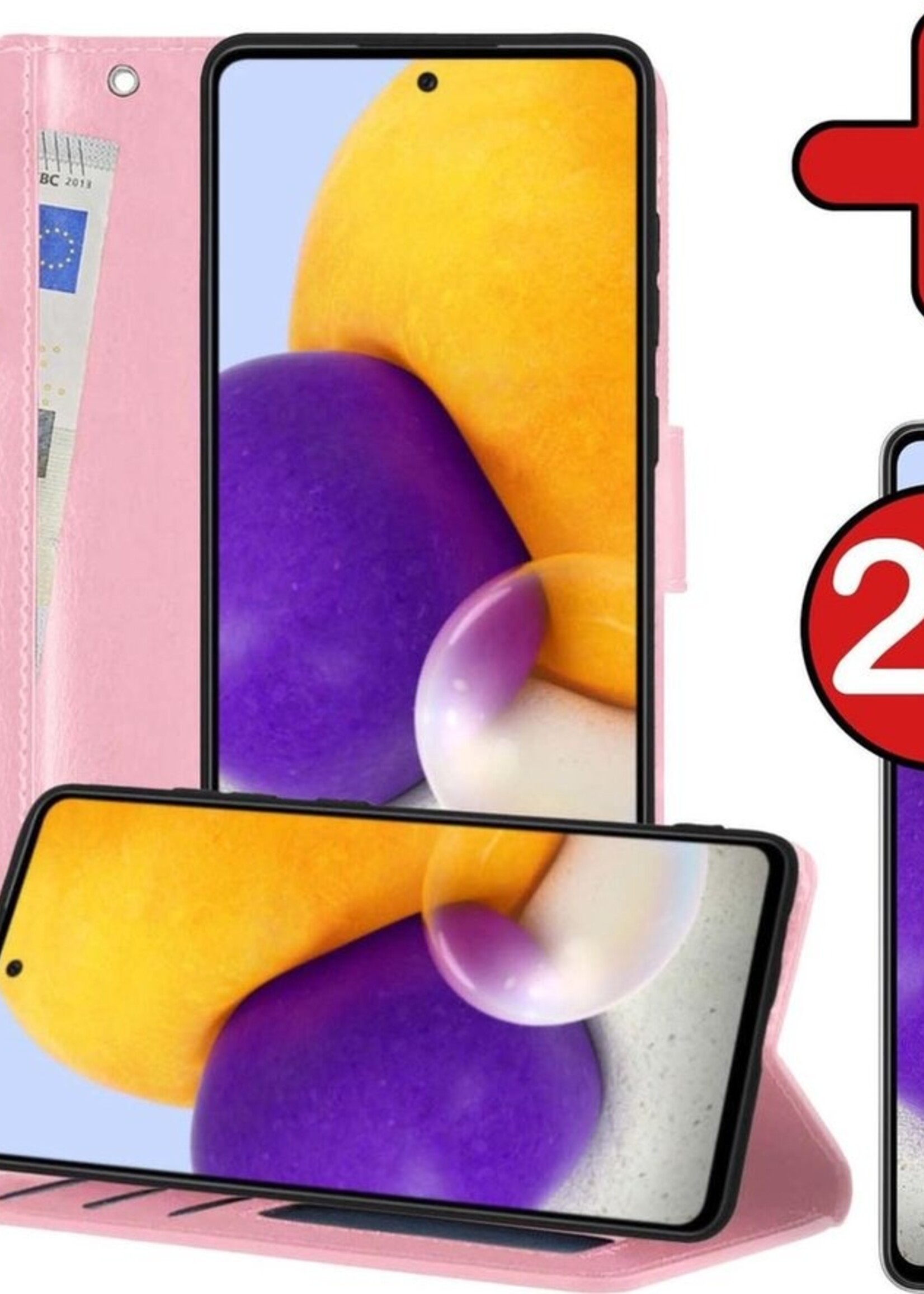 BTH Hoesje Geschikt voor Samsung A72 5G Hoesje Book Case Hoes Portemonnee Cover Walletcase Met 2x Screenprotector - Hoes Geschikt voor Samsung Galaxy A72 5G Hoes Bookcase Hoesje - Lichtroze