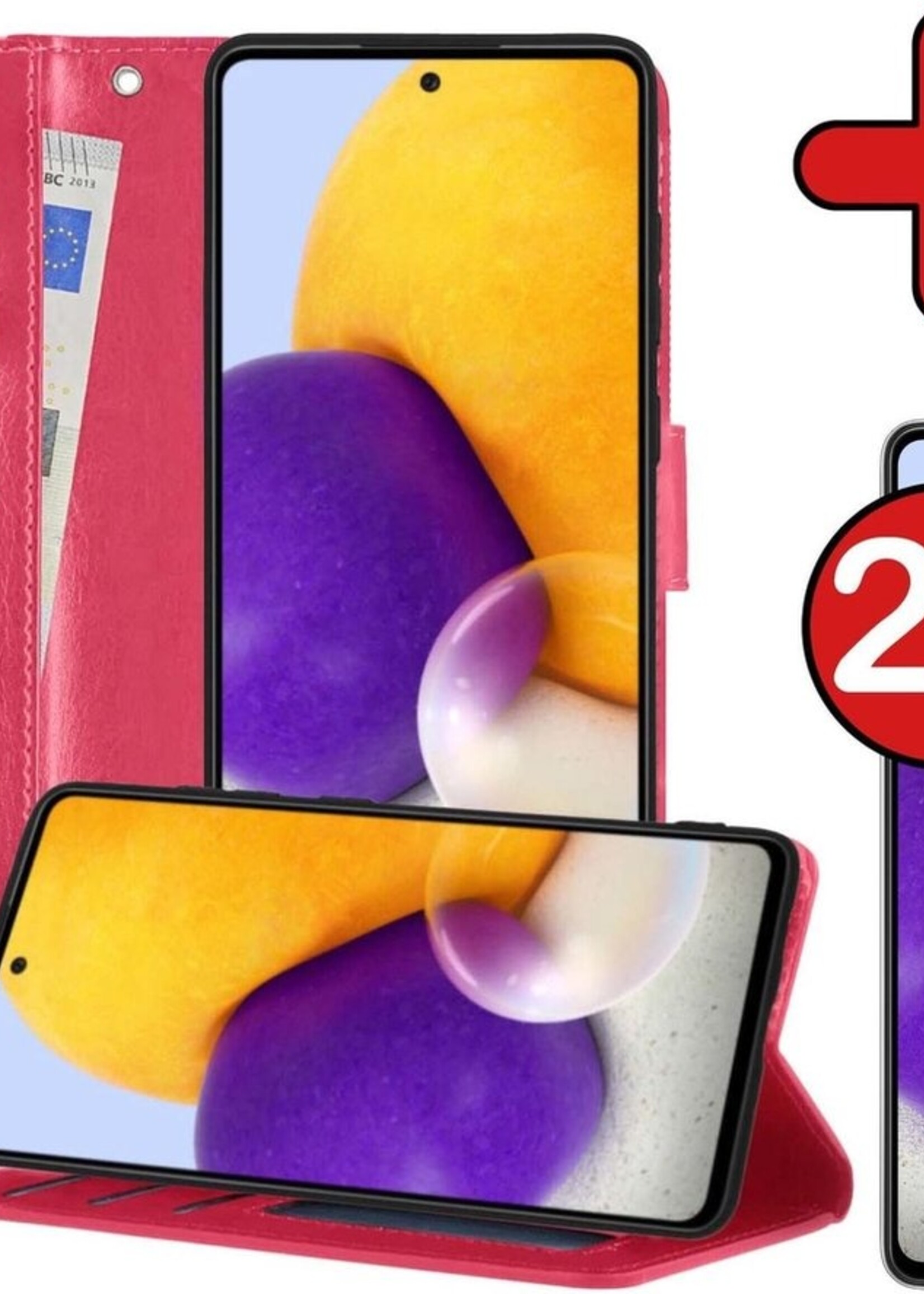 BTH Hoesje Geschikt voor Samsung A72 5G Hoesje Book Case Hoes Portemonnee Cover Walletcase Met 2x Screenprotector - Hoes Geschikt voor Samsung Galaxy A72 5G Hoes Bookcase Hoesje - Donkerroze