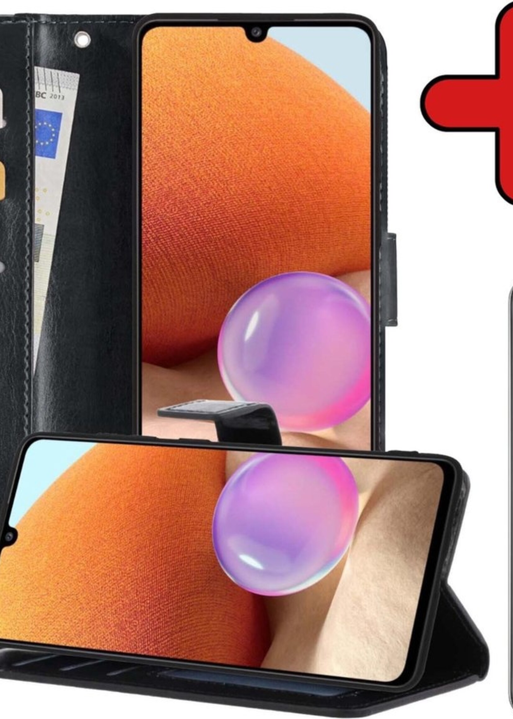 BTH Hoesje Geschikt voor Samsung A32 5G Hoesje Book Case Hoes Portemonnee Cover Walletcase Met Screenprotector - Hoes Geschikt voor Samsung Galaxy A32 5G Hoes Bookcase Hoesje - Zwart