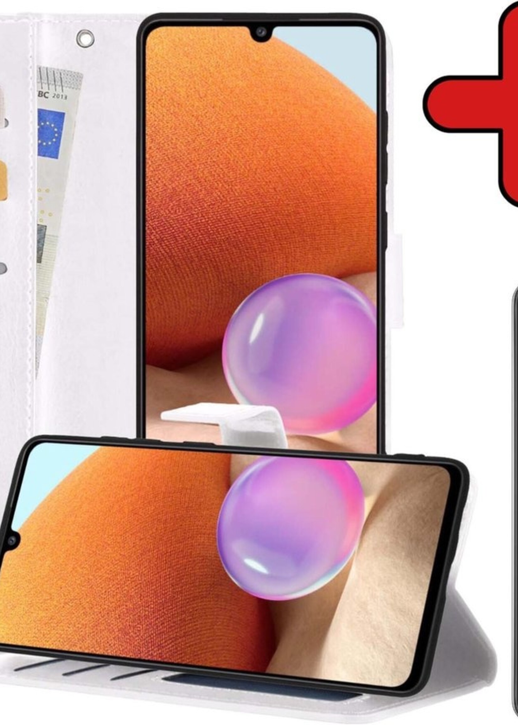 BTH Hoesje Geschikt voor Samsung A32 5G Hoesje Book Case Hoes Portemonnee Cover Walletcase Met Screenprotector - Hoes Geschikt voor Samsung Galaxy A32 5G Hoes Bookcase Hoesje - Wit