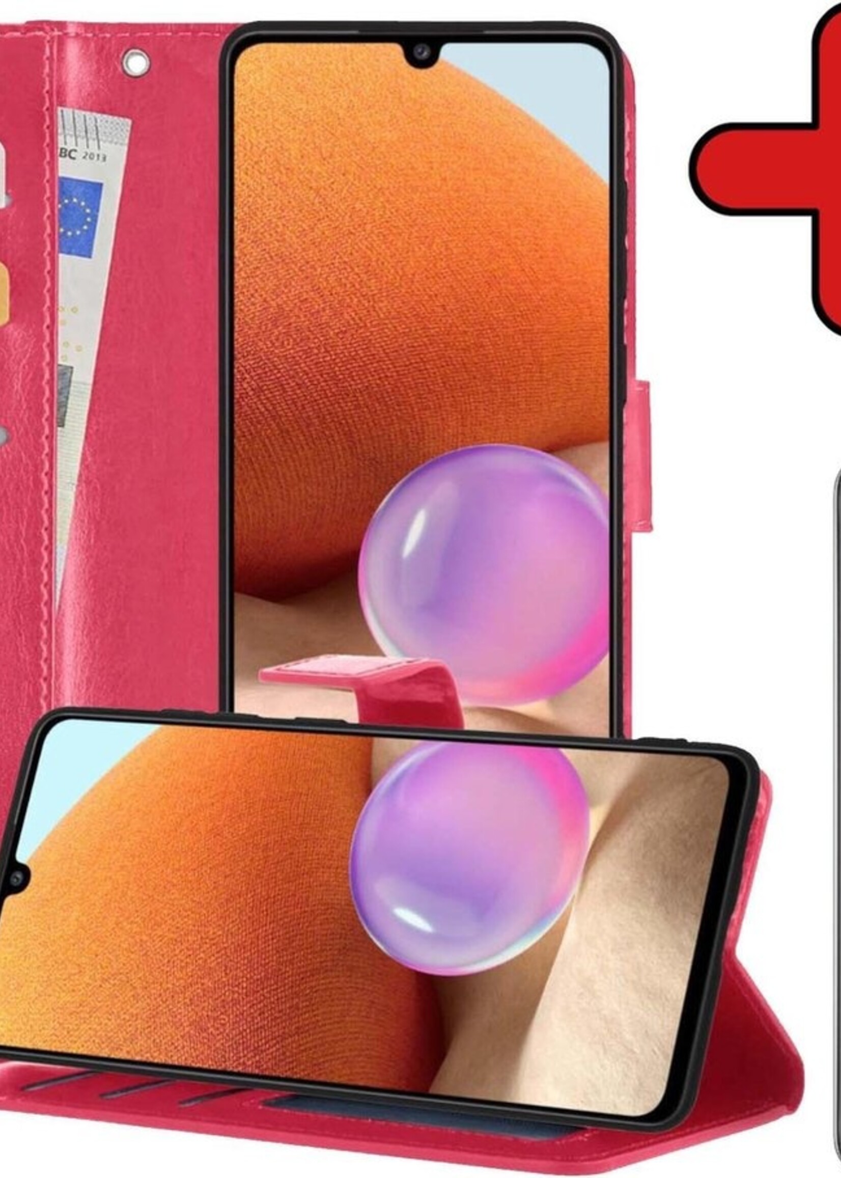 BTH Hoesje Geschikt voor Samsung A32 5G Hoesje Book Case Hoes Portemonnee Cover Walletcase Met Screenprotector - Hoes Geschikt voor Samsung Galaxy A32 5G Hoes Bookcase Hoesje - Donkerroze