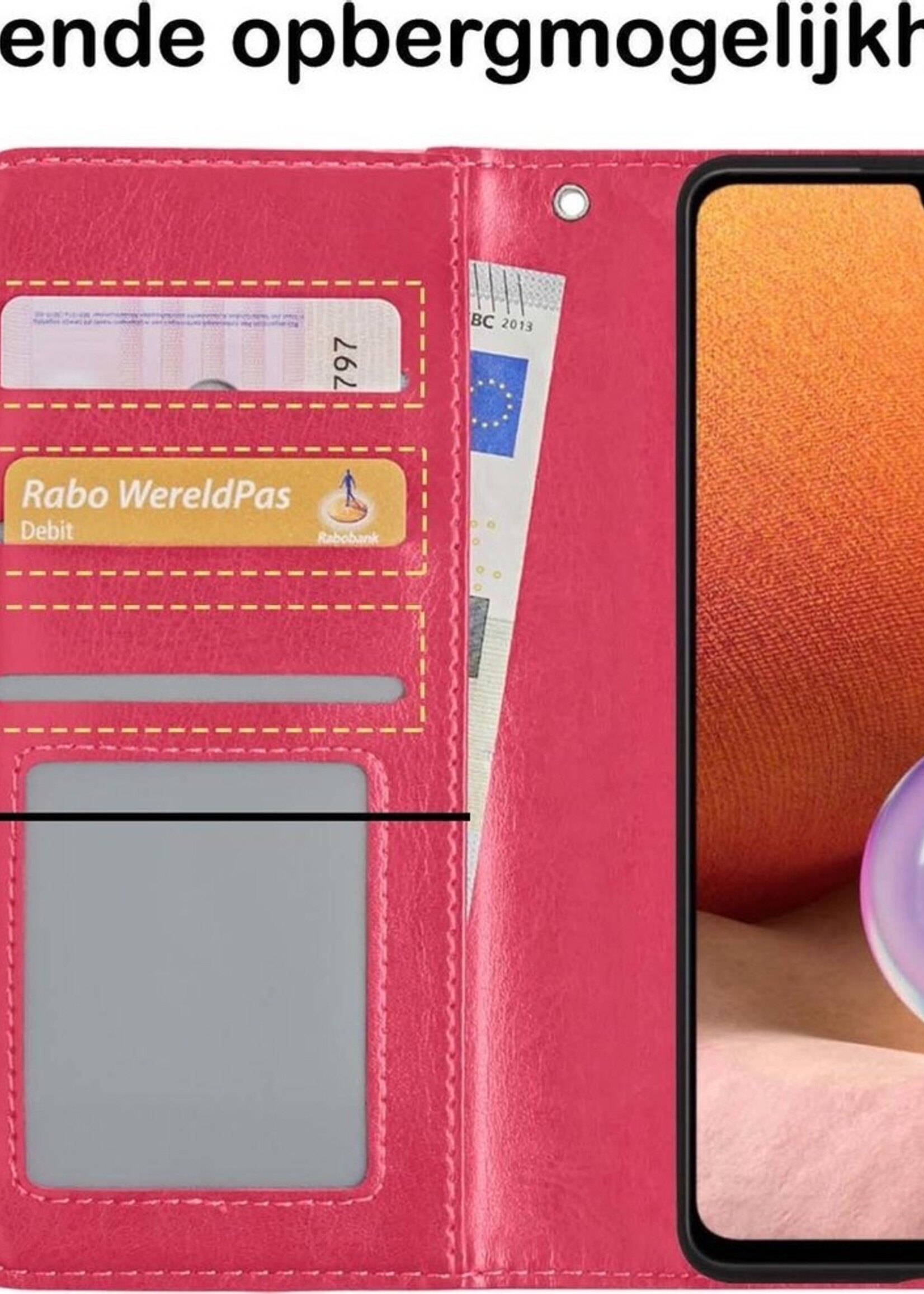 BTH Hoesje Geschikt voor Samsung A32 5G Hoesje Book Case Hoes Portemonnee Cover Walletcase Met Screenprotector - Hoes Geschikt voor Samsung Galaxy A32 5G Hoes Bookcase Hoesje - Donkerroze