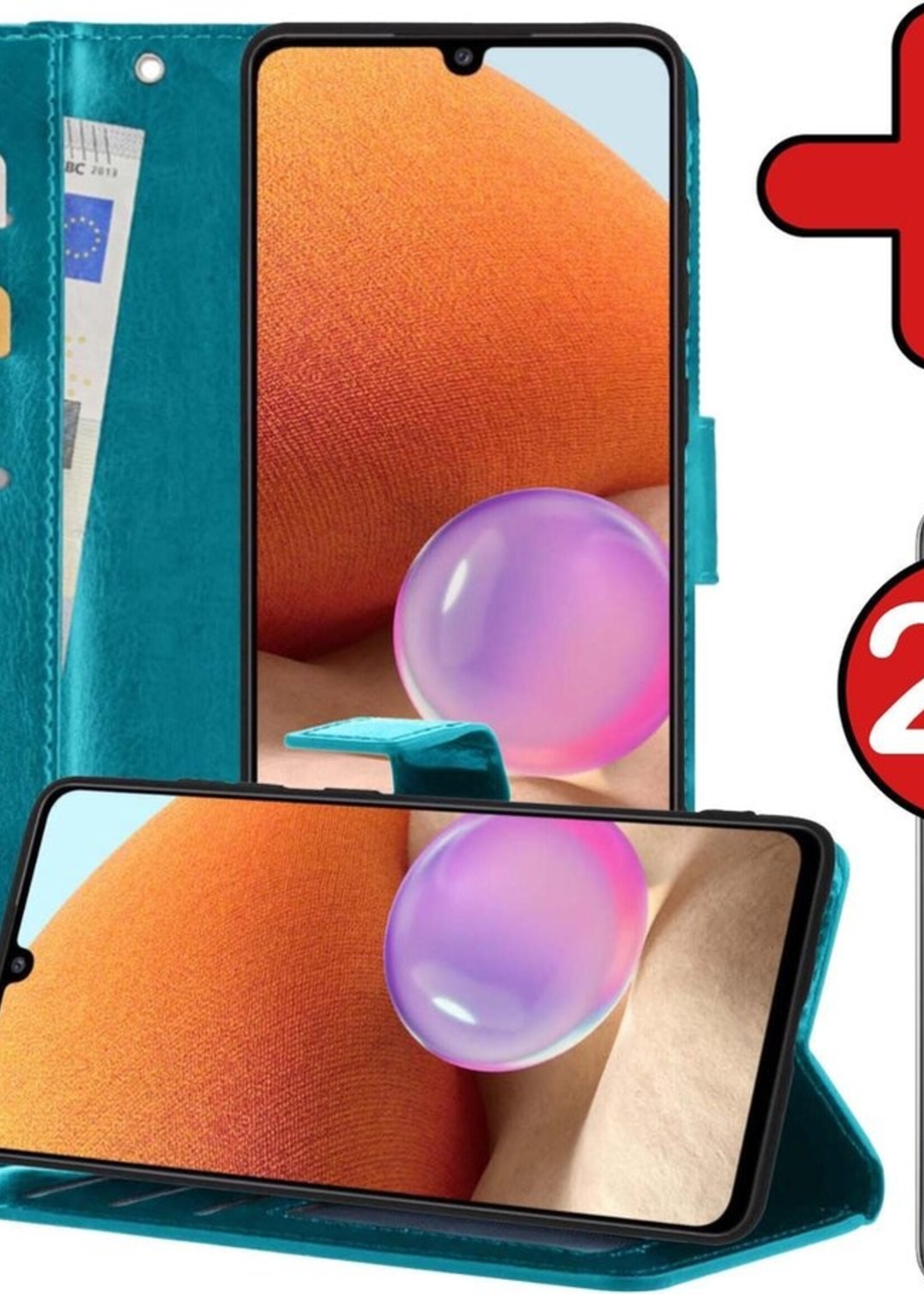 BTH Hoesje Geschikt voor Samsung A32 5G Hoesje Book Case Hoes Portemonnee Cover Walletcase Met 2x Screenprotector - Hoes Geschikt voor Samsung Galaxy A32 5G Hoes Bookcase Hoesje - Turquoise