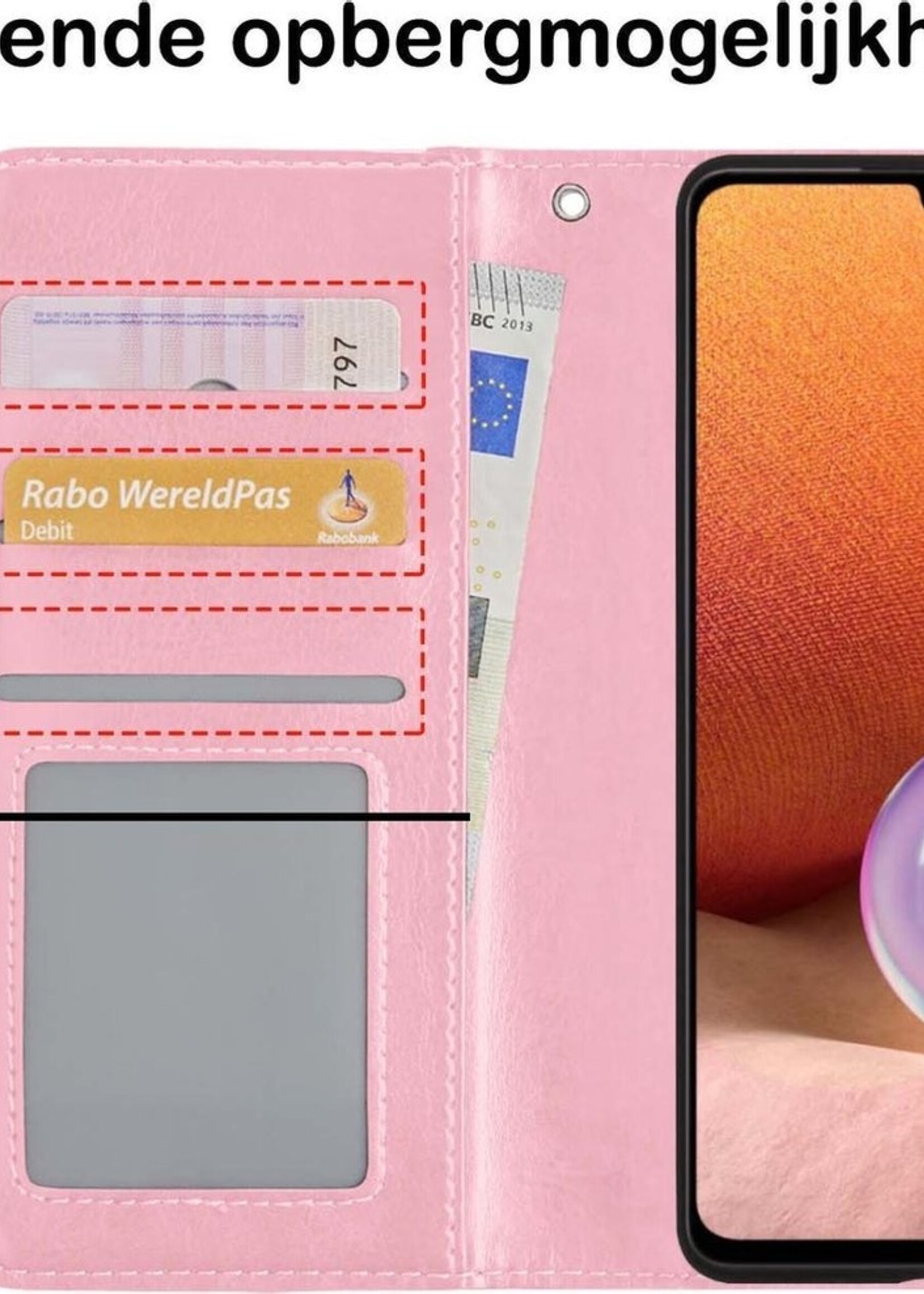 BTH Hoesje Geschikt voor Samsung A32 5G Hoesje Book Case Hoes Portemonnee Cover Walletcase Met 2x Screenprotector - Hoes Geschikt voor Samsung Galaxy A32 5G Hoes Bookcase Hoesje - Lichtroze