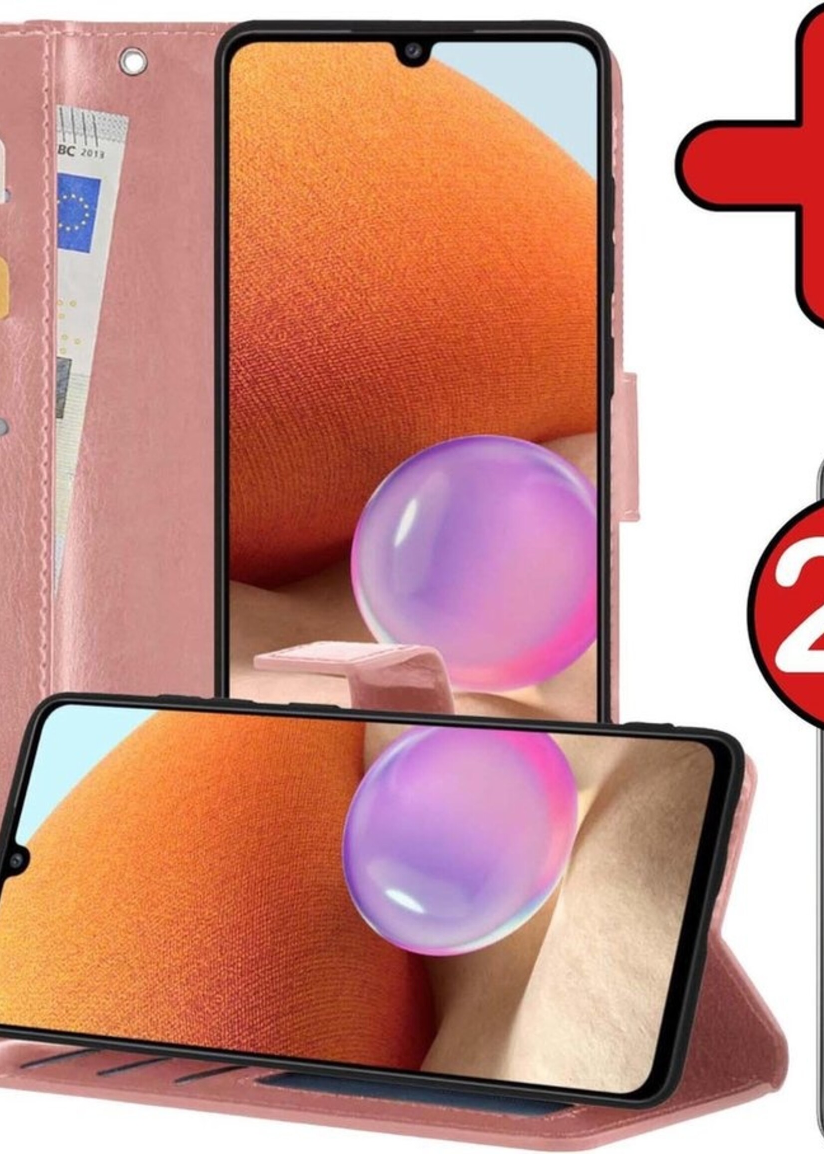 BTH Hoesje Geschikt voor Samsung A32 5G Hoesje Book Case Hoes Portemonnee Cover Walletcase Met 2x Screenprotector - Hoes Geschikt voor Samsung Galaxy A32 5G Hoes Bookcase Hoesje - Rosé goud