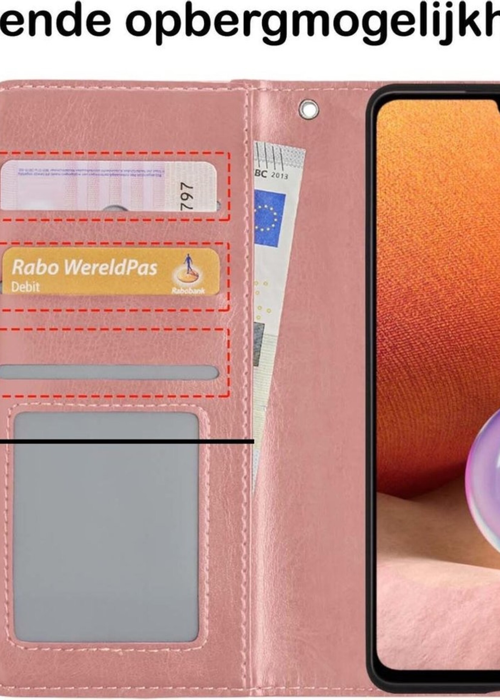 BTH Hoesje Geschikt voor Samsung A32 5G Hoesje Book Case Hoes Portemonnee Cover Walletcase Met 2x Screenprotector - Hoes Geschikt voor Samsung Galaxy A32 5G Hoes Bookcase Hoesje - Rosé goud