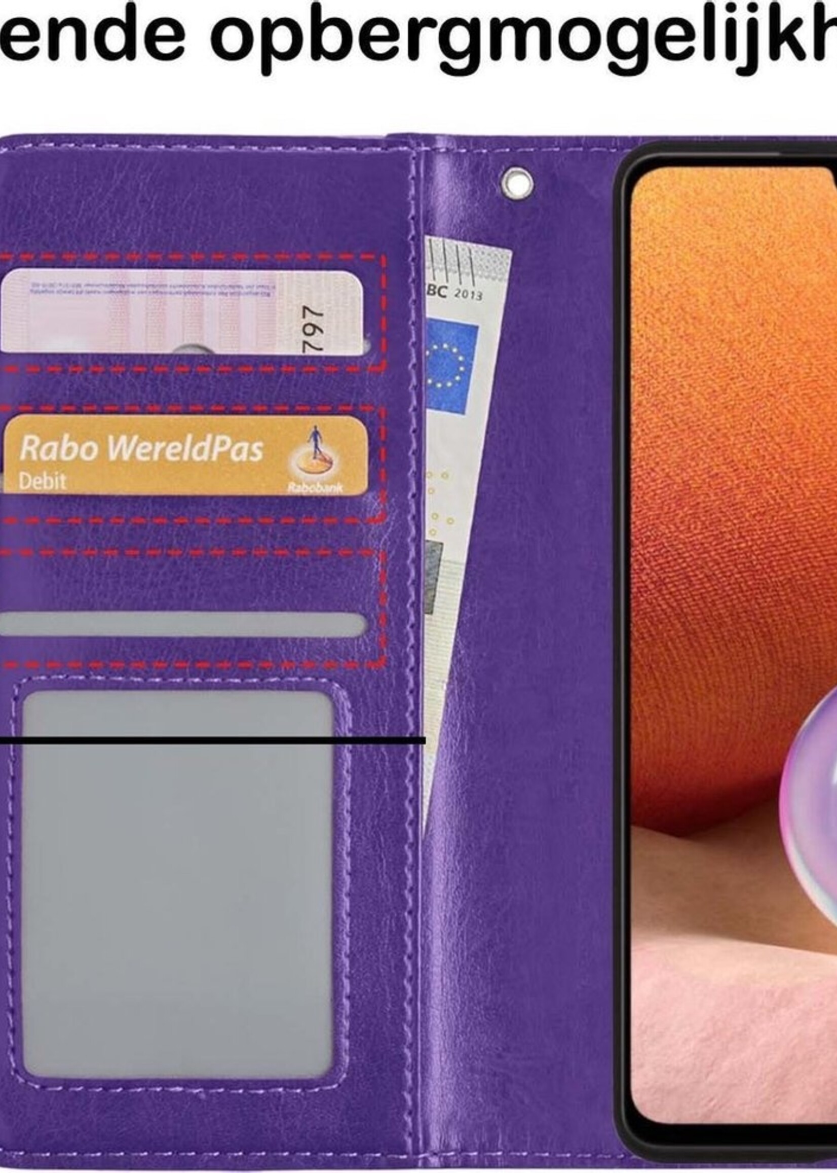 BTH Hoesje Geschikt voor Samsung A32 5G Hoesje Book Case Hoes Portemonnee Cover Walletcase Met 2x Screenprotector - Hoes Geschikt voor Samsung Galaxy A32 5G Hoes Bookcase Hoesje - Paars