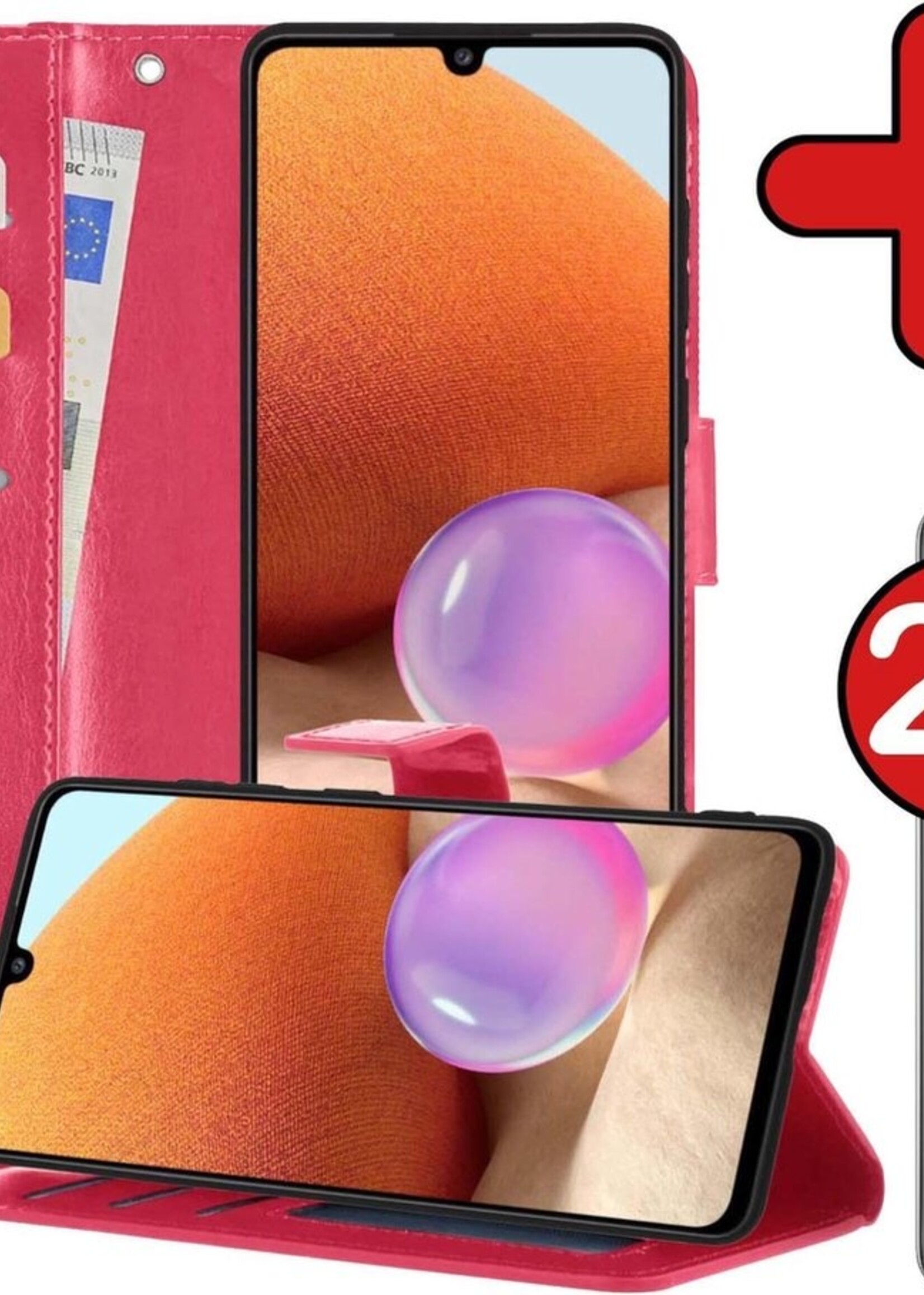 BTH Hoesje Geschikt voor Samsung A32 5G Hoesje Book Case Hoes Portemonnee Cover Walletcase Met 2x Screenprotector - Hoes Geschikt voor Samsung Galaxy A32 5G Hoes Bookcase Hoesje - Donkerroze