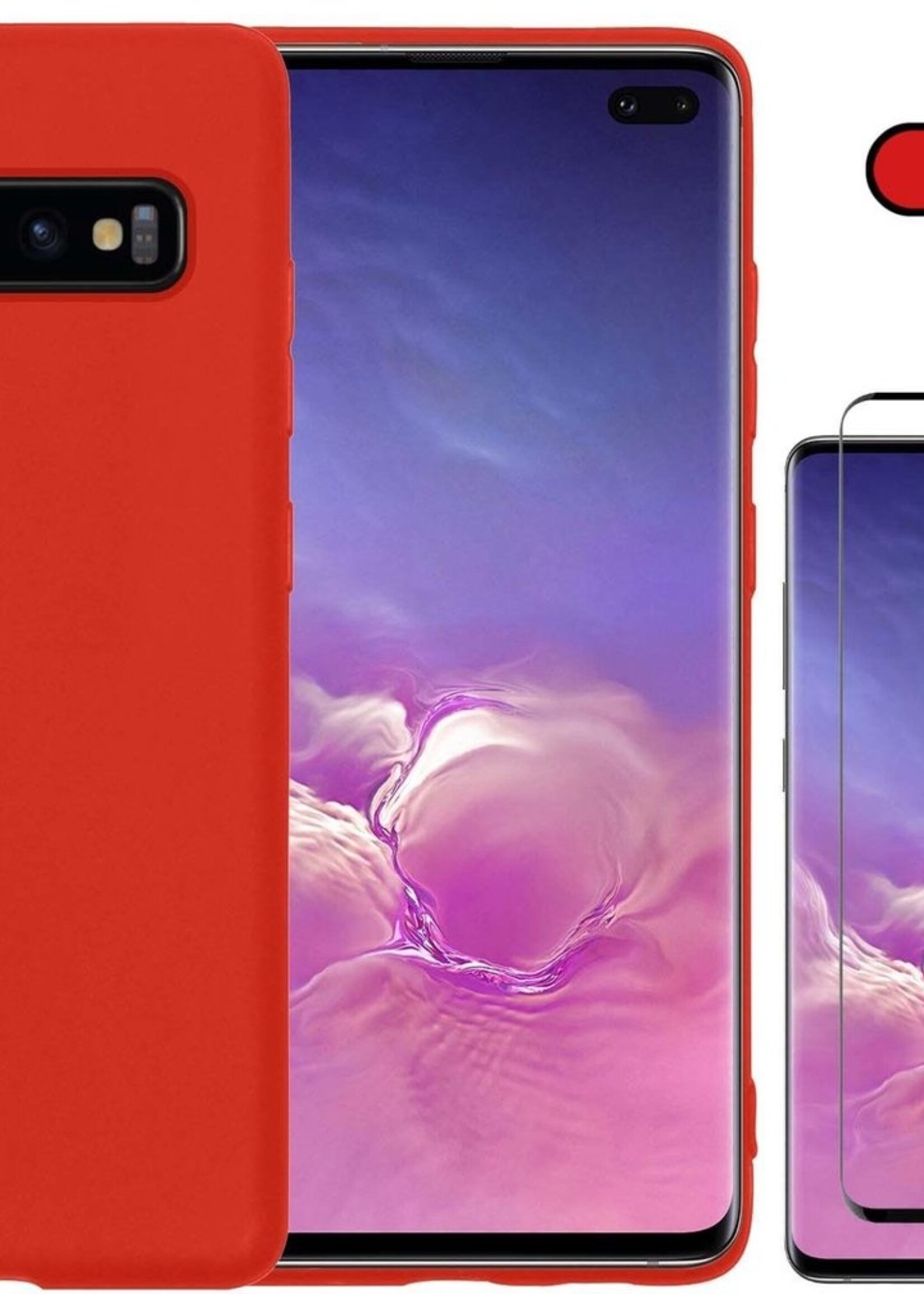 BTH Hoesje Geschikt voor Samsung S10 Hoesje Siliconen Case Hoes Met Screenprotector - Hoes Geschikt voor Samsung Galaxy S10 Hoes Cover Case - Rood